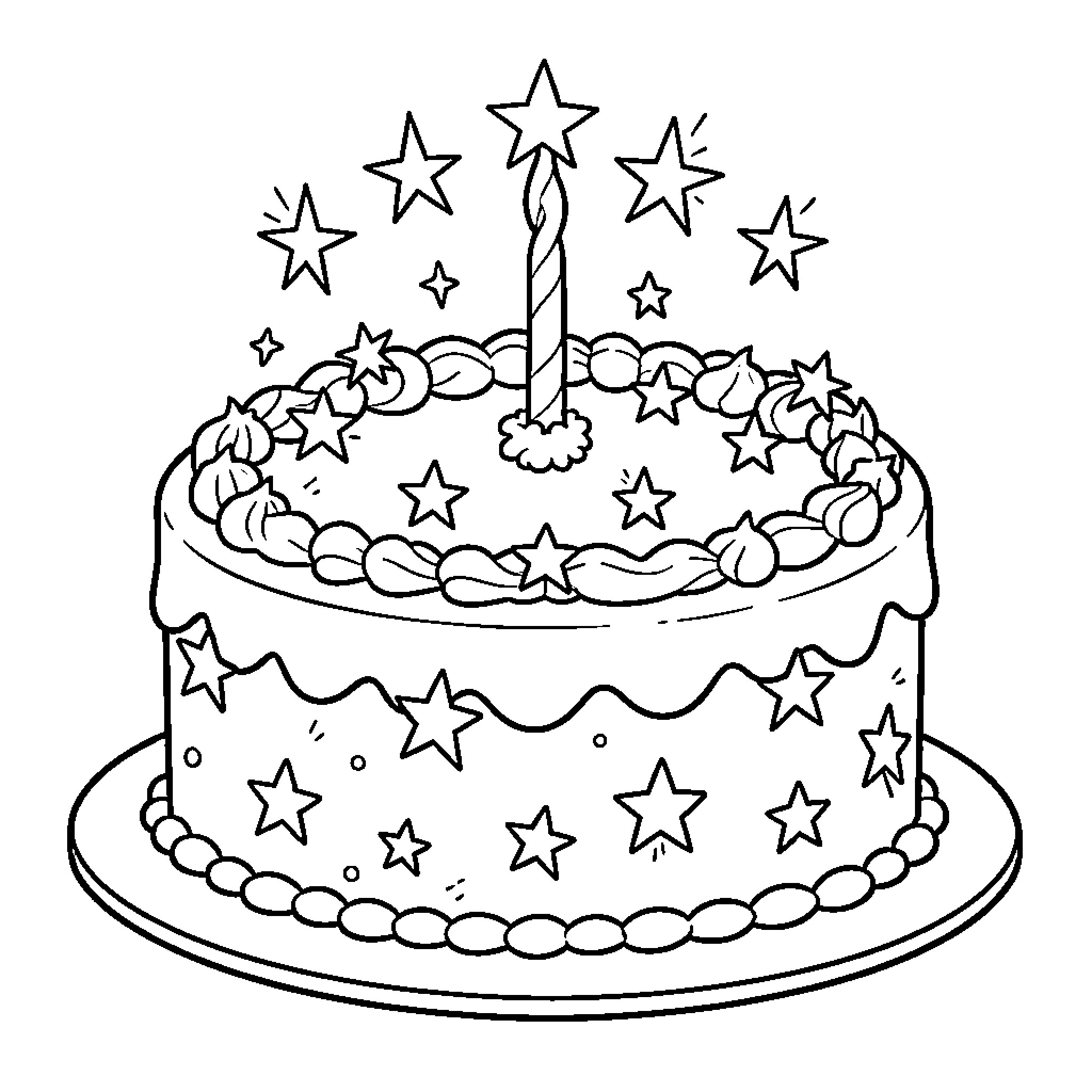 Cake decorated with many sparkling stars and a candle Coloring Page (free black-and-white line drawing printable PDF for all, from beginners to advanced learners, including children, teens, adults, and seniors)