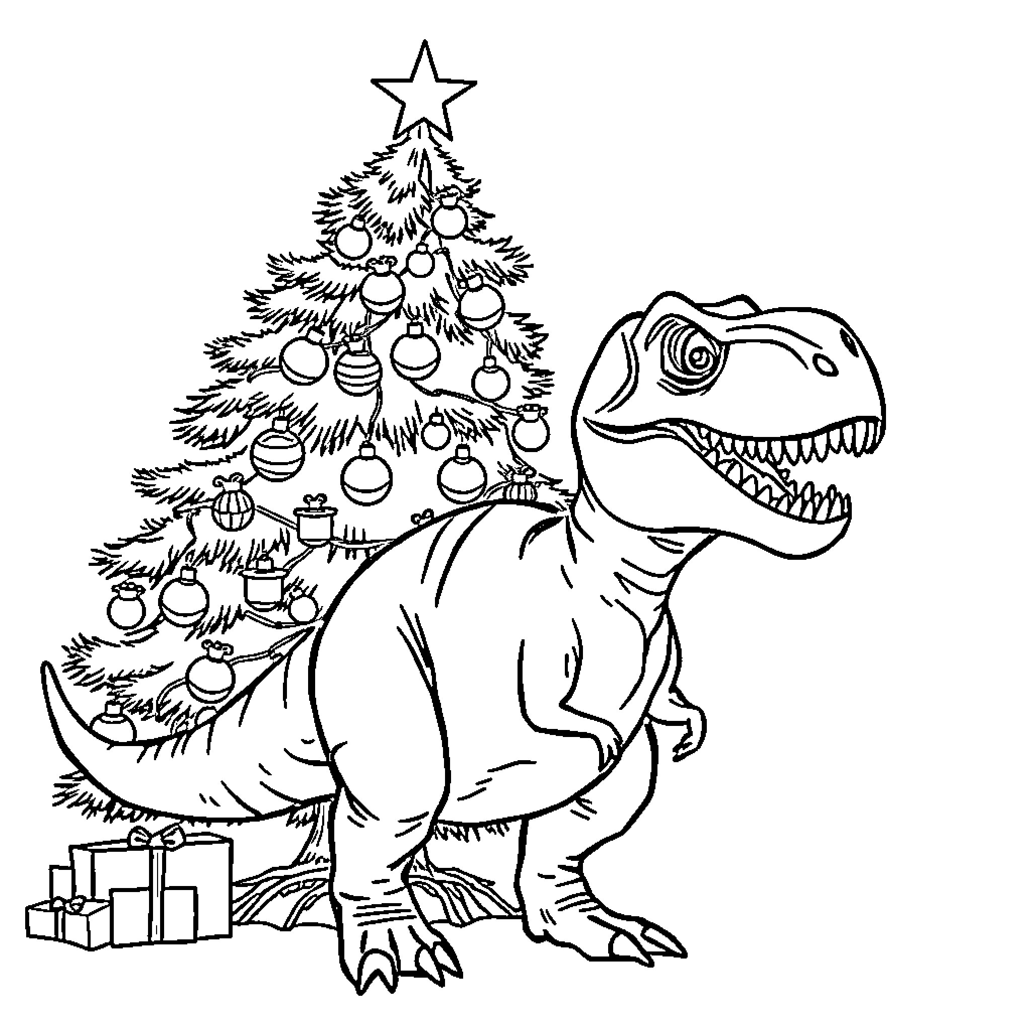 D-rex decorating Christmas tree with gifts Coloring Page (free black-and-white line drawing printable PDF for all, from beginners to advanced learners, including children, teens, adults, and seniors)