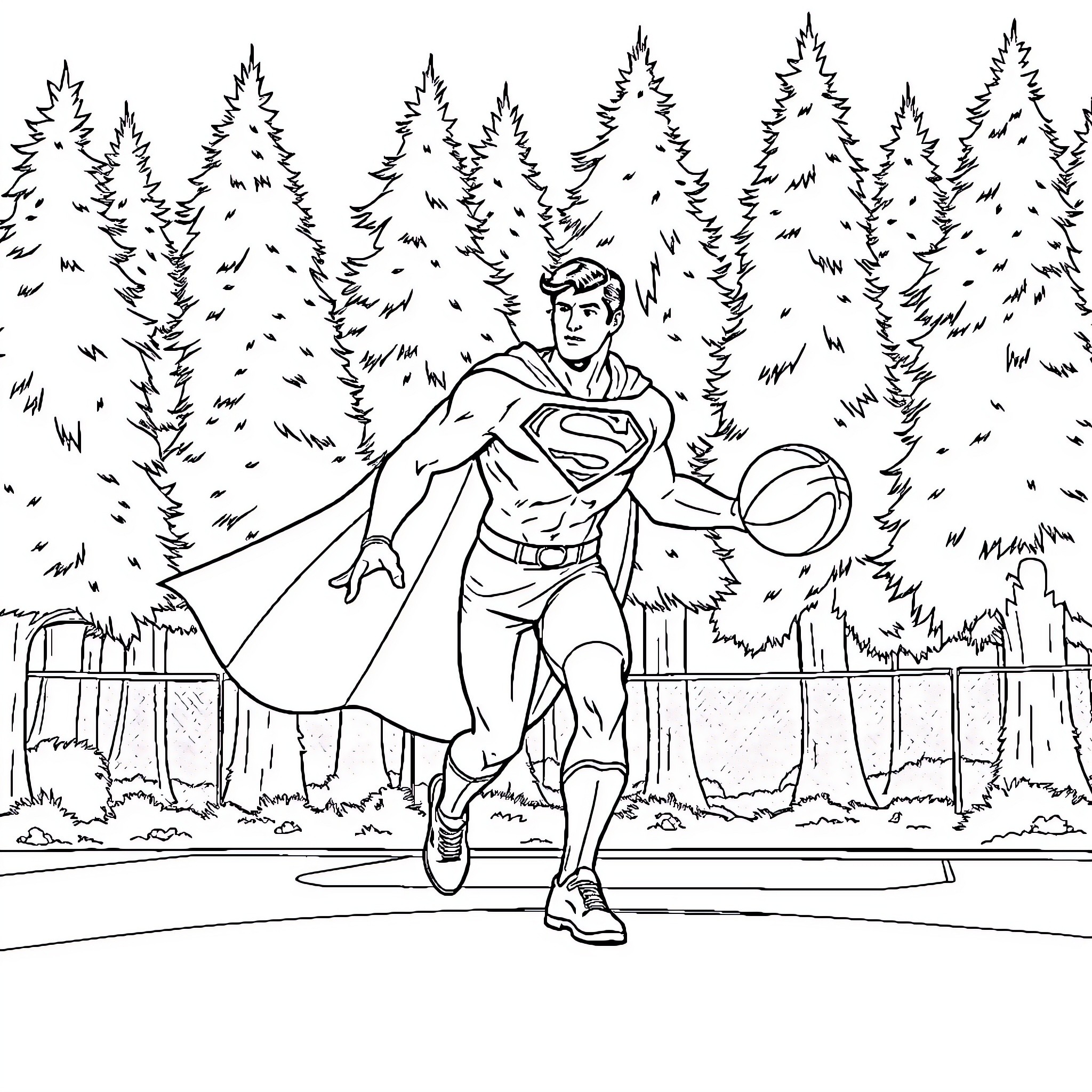 Superman in action, leaping through snowy forest Coloring Page (free black-and-white line drawing printable PDF for all, from beginners to advanced learners, including children, teens, adults, and seniors)