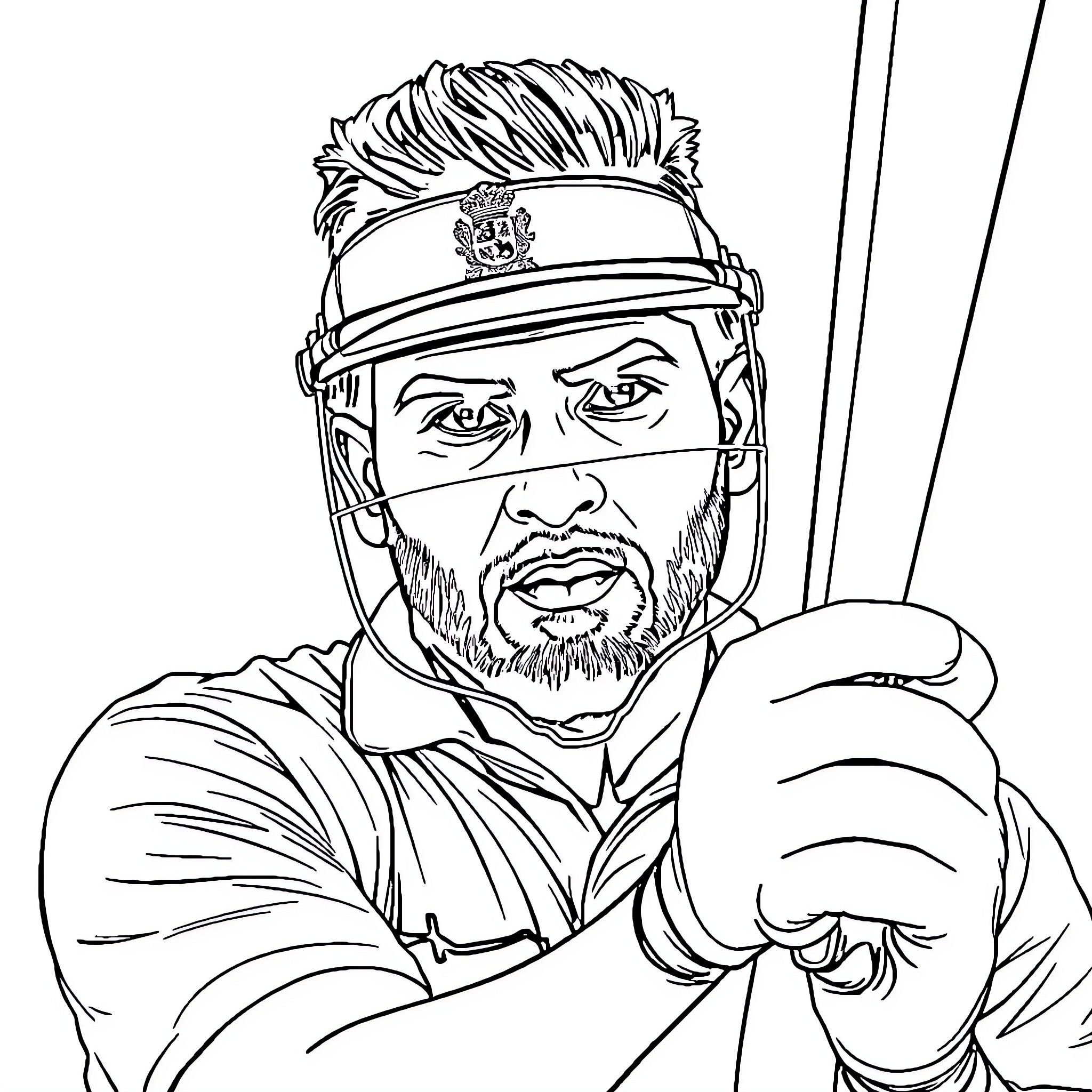 Rohit Sharma in Intense Cricket Moment Coloring Page (free black-and-white line drawing printable PDF for all, from beginners to advanced learners, including children, teens, adults, and seniors)