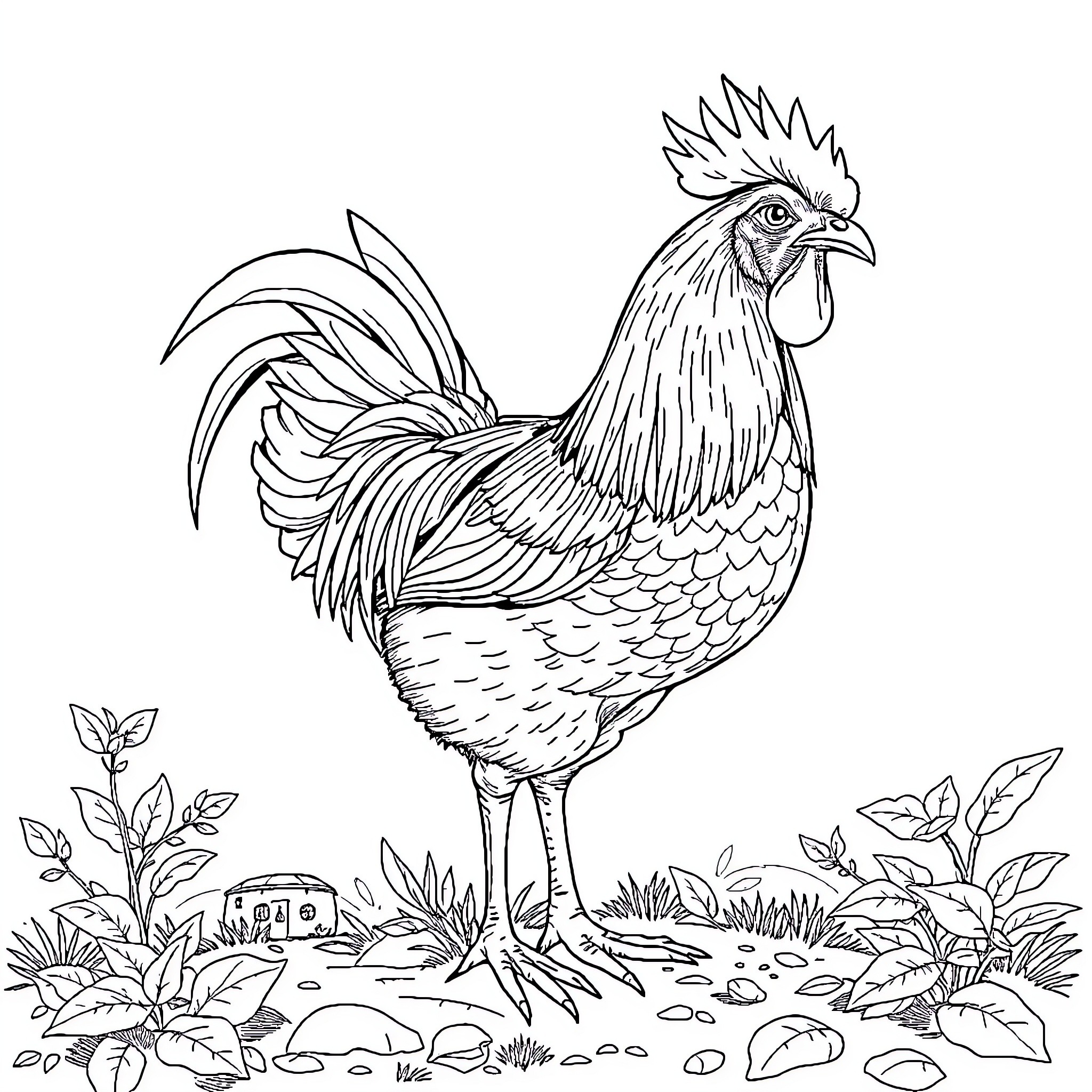 Chicken standing tall in a nature scene Coloring Page (free black-and-white line drawing printable PDF for all, from beginners to advanced learners, including children, teens, adults, and seniors)
