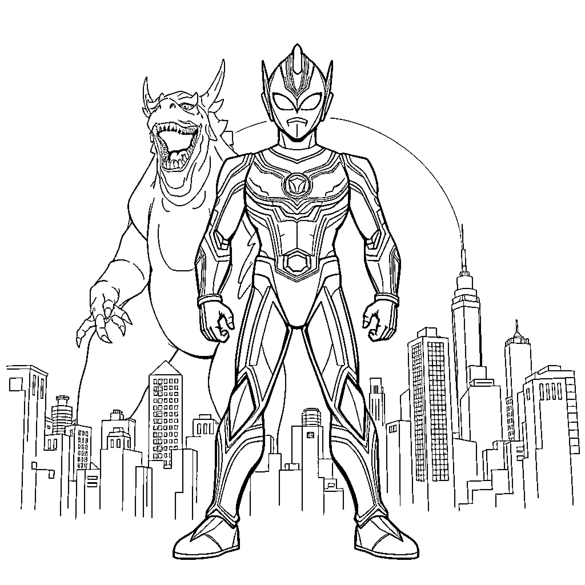 Ultraman heroically confronting a giant monster in the city Coloring Page (free black-and-white line drawing printable PDF for all, from beginners to advanced learners, including children, teens, adults, and seniors)