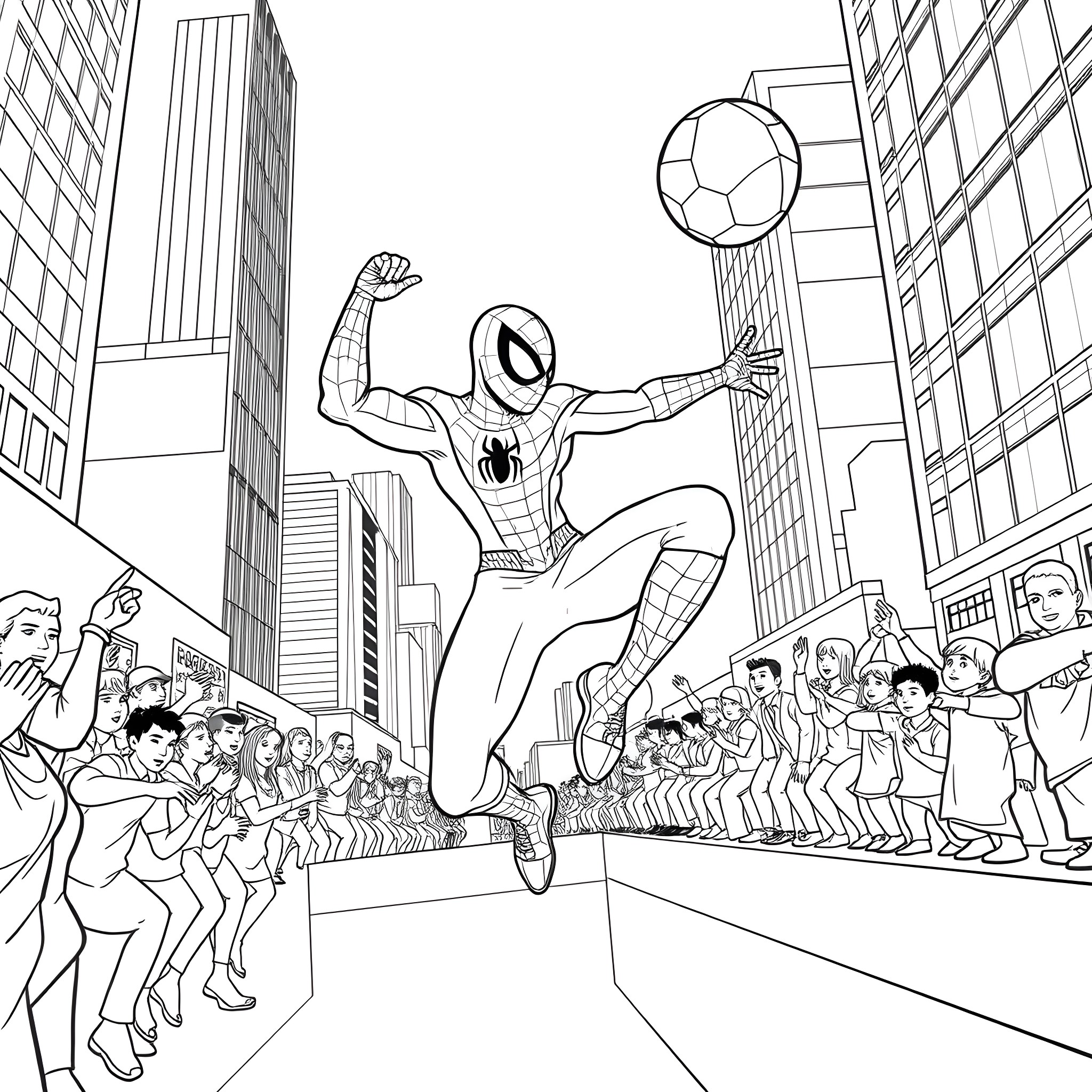 Spiderman Leaping Through the City with Soccer Ball Coloring Page (free black-and-white line drawing printable PDF for all, from beginners to advanced learners, including children, teens, adults, and seniors)