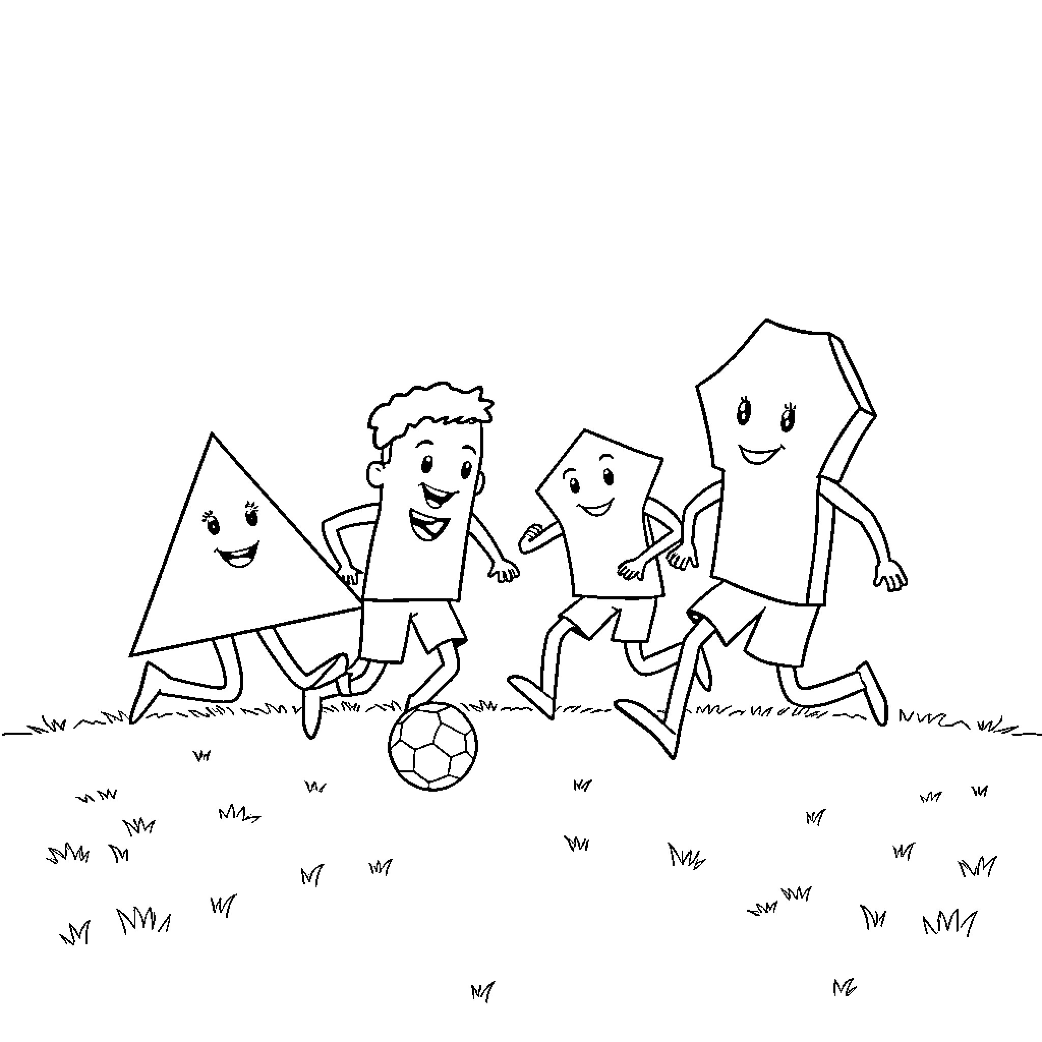 Shape characters playing happily with a soccer ball Coloring Page (free black-and-white line drawing printable PDF for all, from beginners to advanced learners, including children, teens, adults, and seniors)