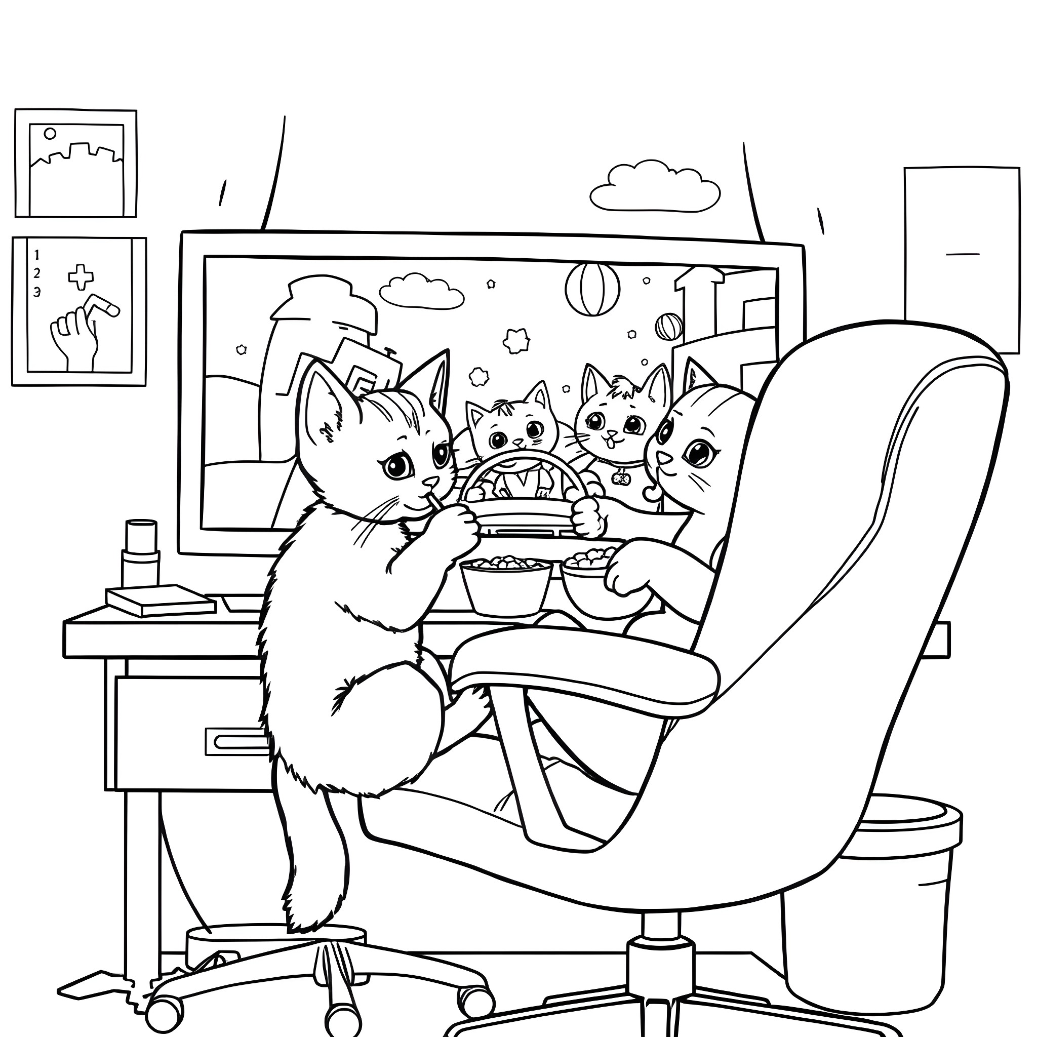 Kittens enjoying a snack together in the living room Coloring Page (free black-and-white line drawing printable PDF for all, from beginners to advanced learners, including children, teens, adults, and seniors)