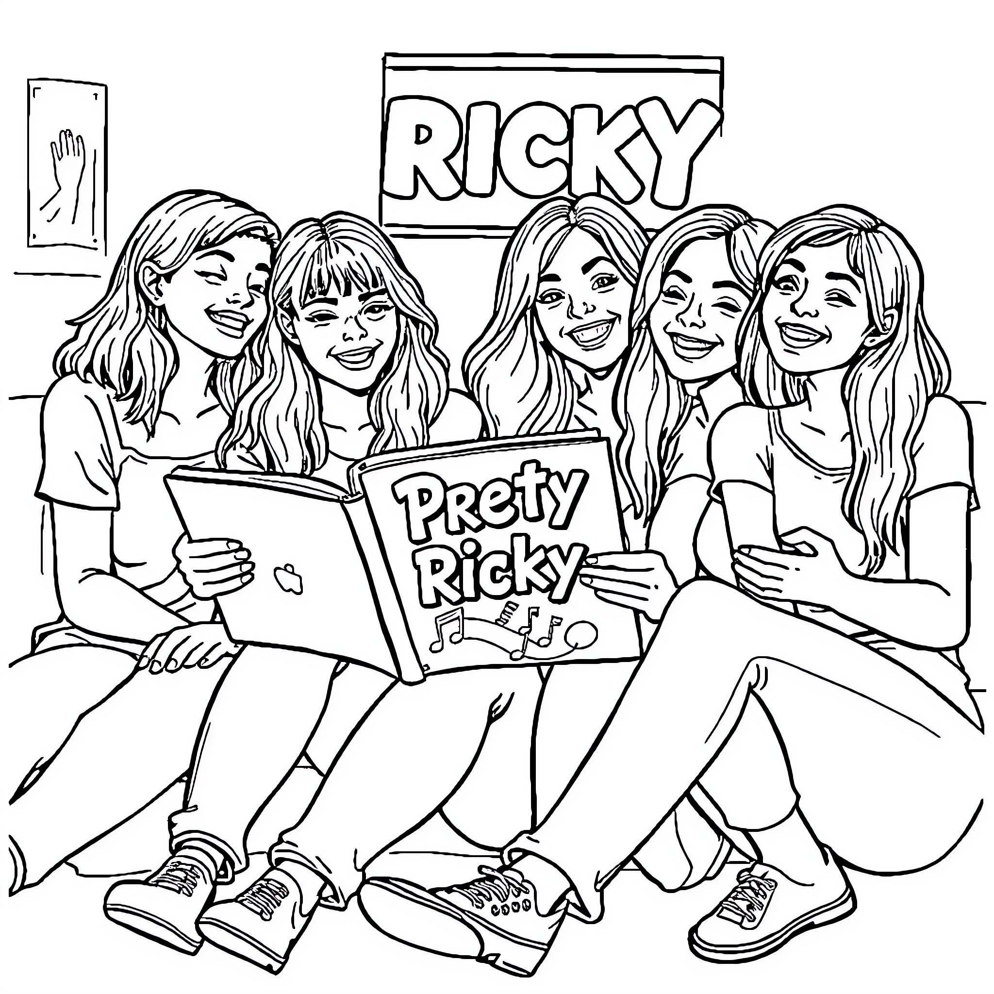 Girls enjoying a book together in a friendly scene Coloring Page (free black-and-white line drawing printable PDF for all, from beginners to advanced learners, including children, teens, adults, and seniors)