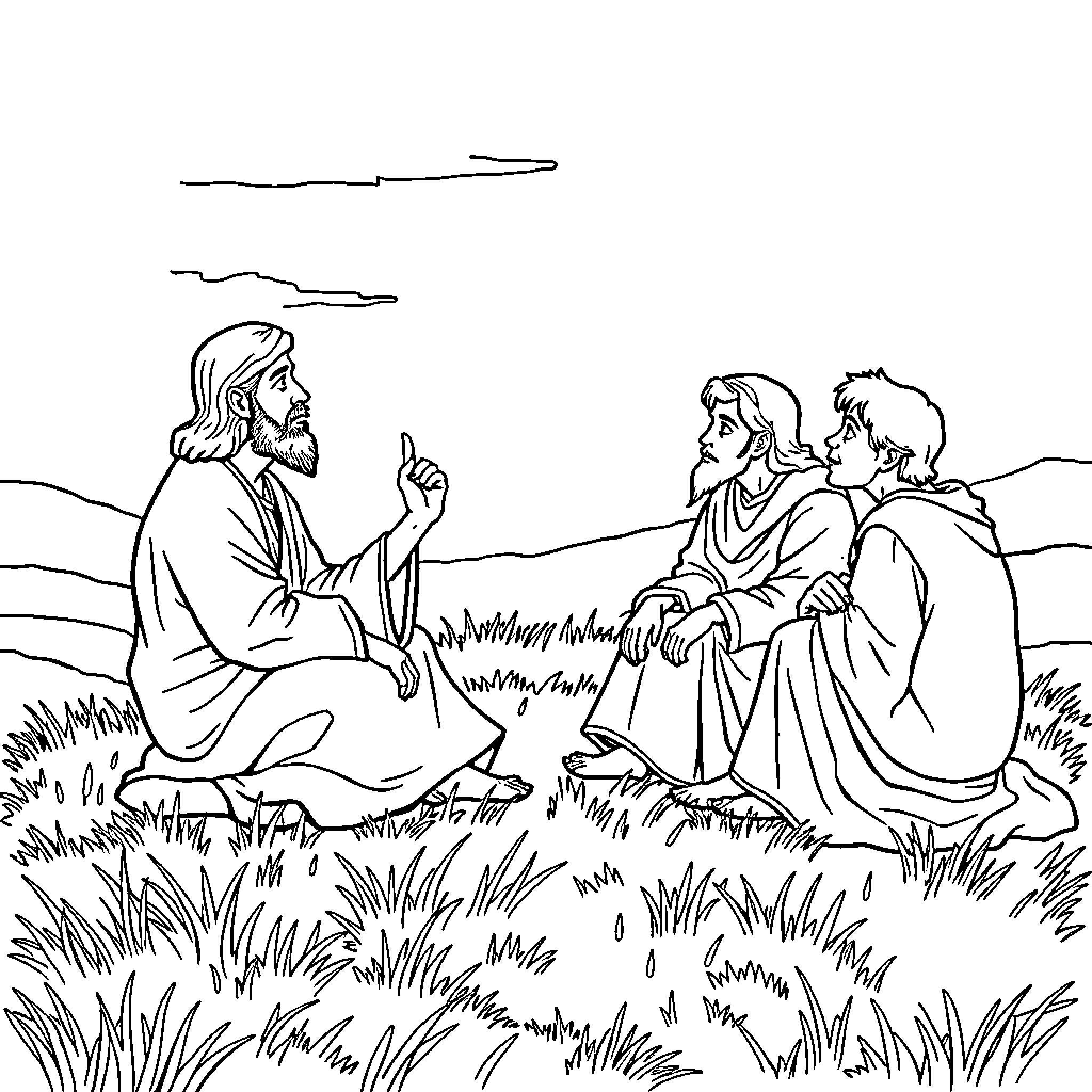 Jesus teaching his disciples in the countryside Coloring Page (free black-and-white line drawing printable PDF for all, from beginners to advanced learners, including children, teens, adults, and seniors)