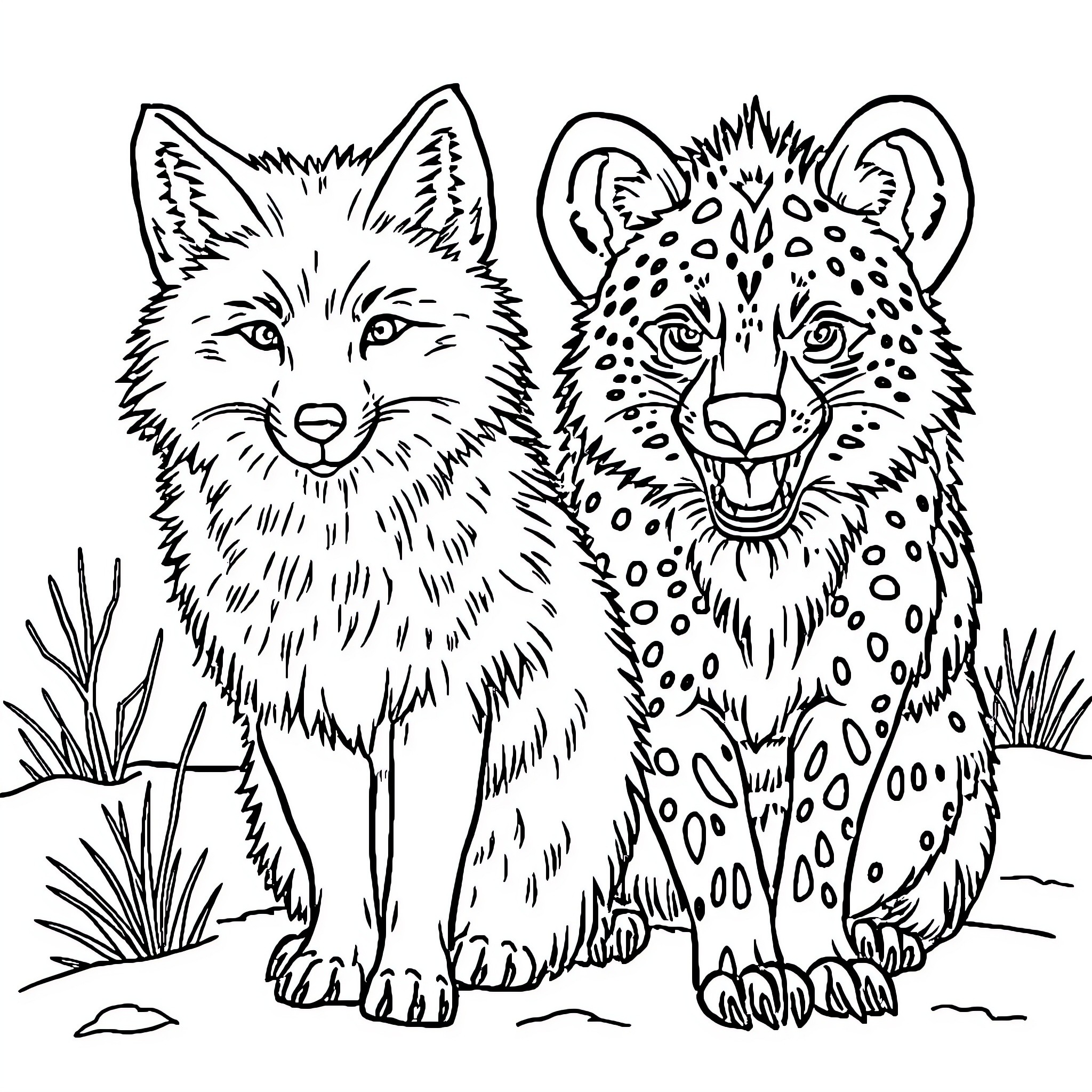 Fox and Cheetah Encounter in the Wilderness Coloring Page (free black-and-white line drawing printable PDF for all, from beginners to advanced learners, including children, teens, adults, and seniors)