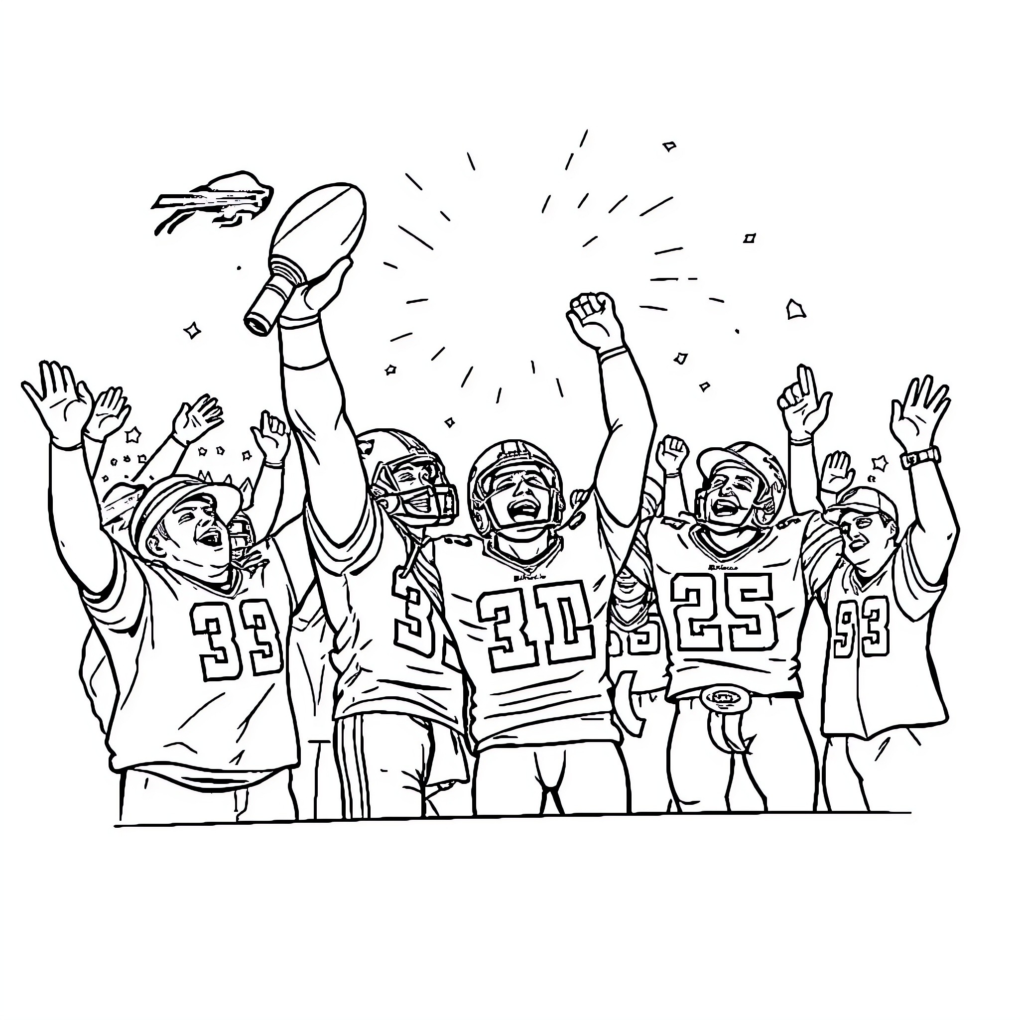 Buffalo Bills Teammates Celebrating Victory on the Field Coloring Page (free black-and-white line drawing printable PDF for all, from beginners to advanced learners, including children, teens, adults, and seniors)
