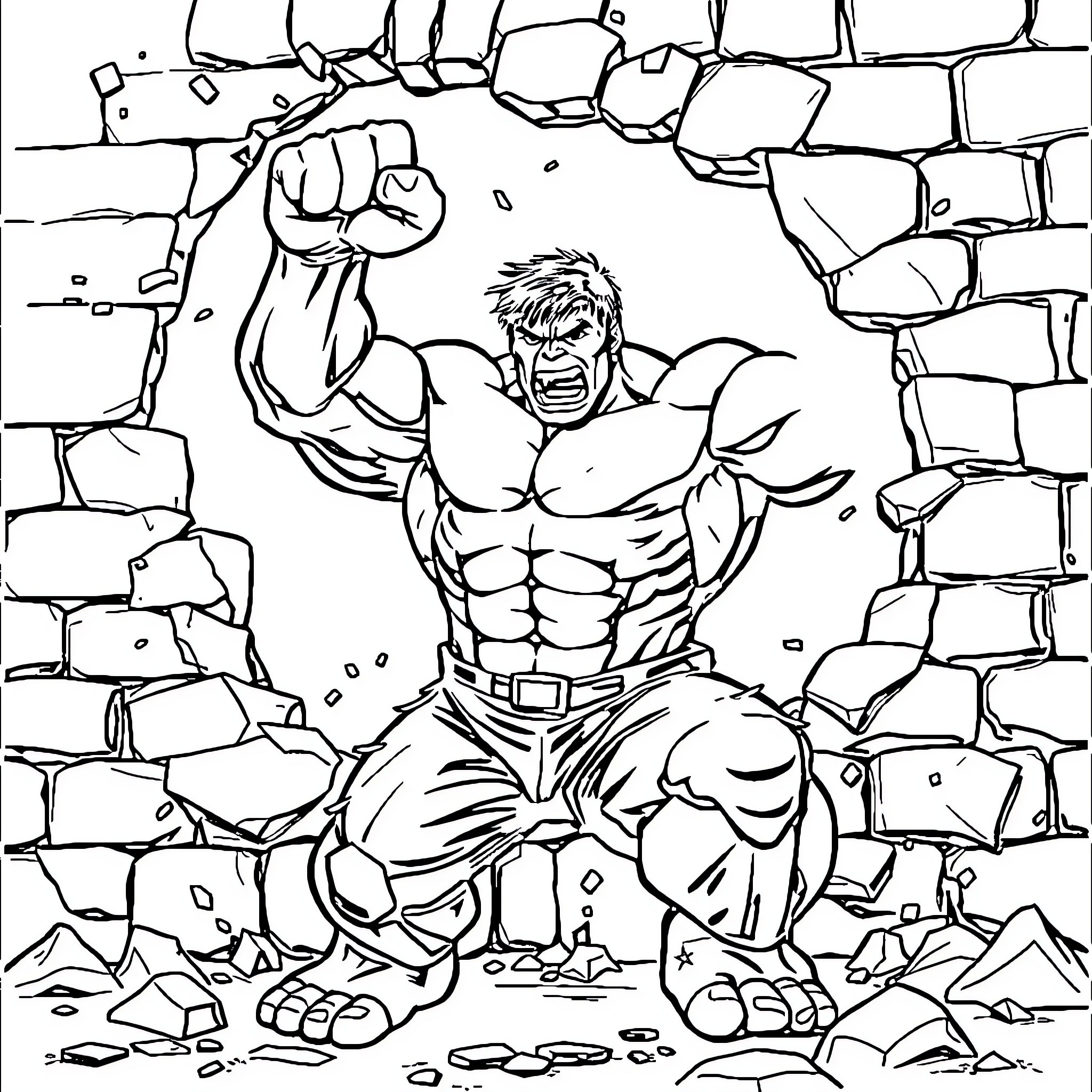 Hulk bursting through a concrete wall Coloring Page (free black-and-white line drawing printable PDF for all, from beginners to advanced learners, including children, teens, adults, and seniors)