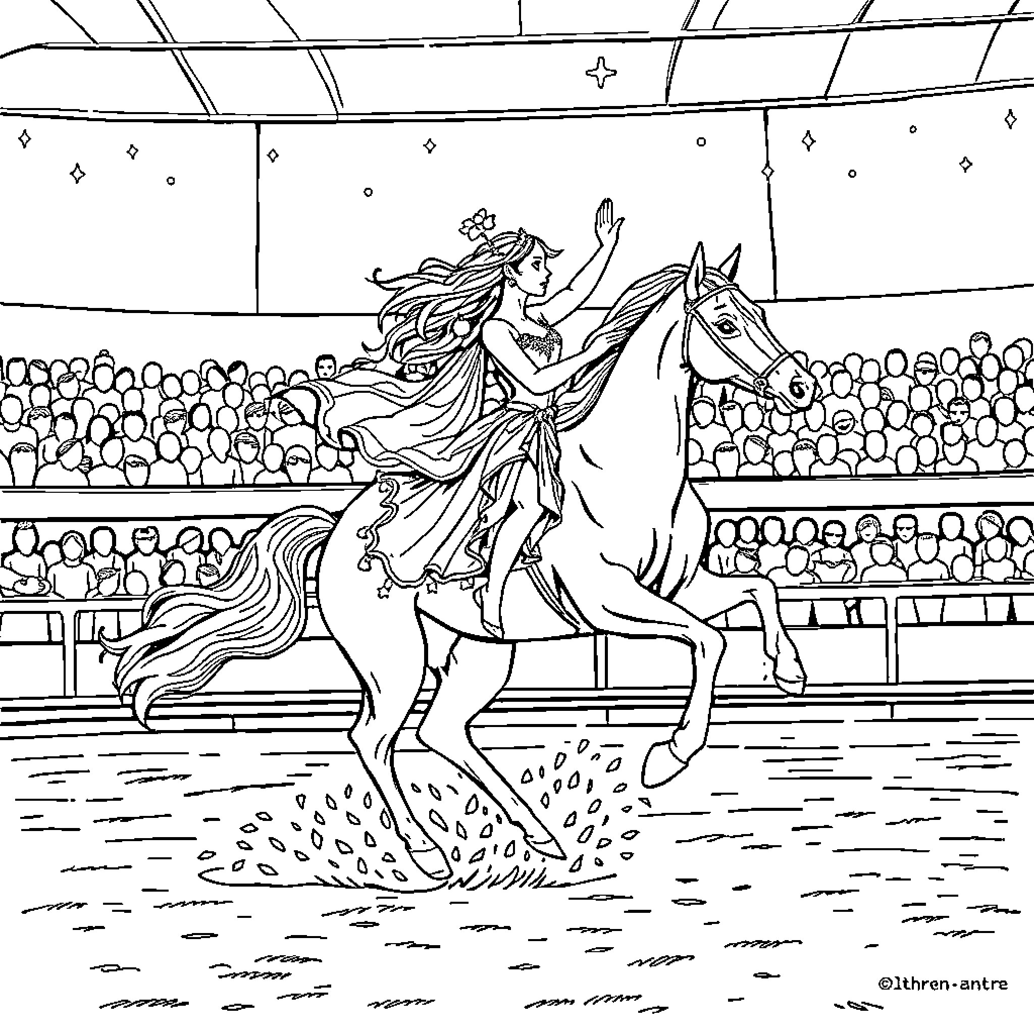Dancer performing graceful equestrian routine Coloring Page (free black-and-white line drawing printable PDF for all, from beginners to advanced learners, including children, teens, adults, and seniors)