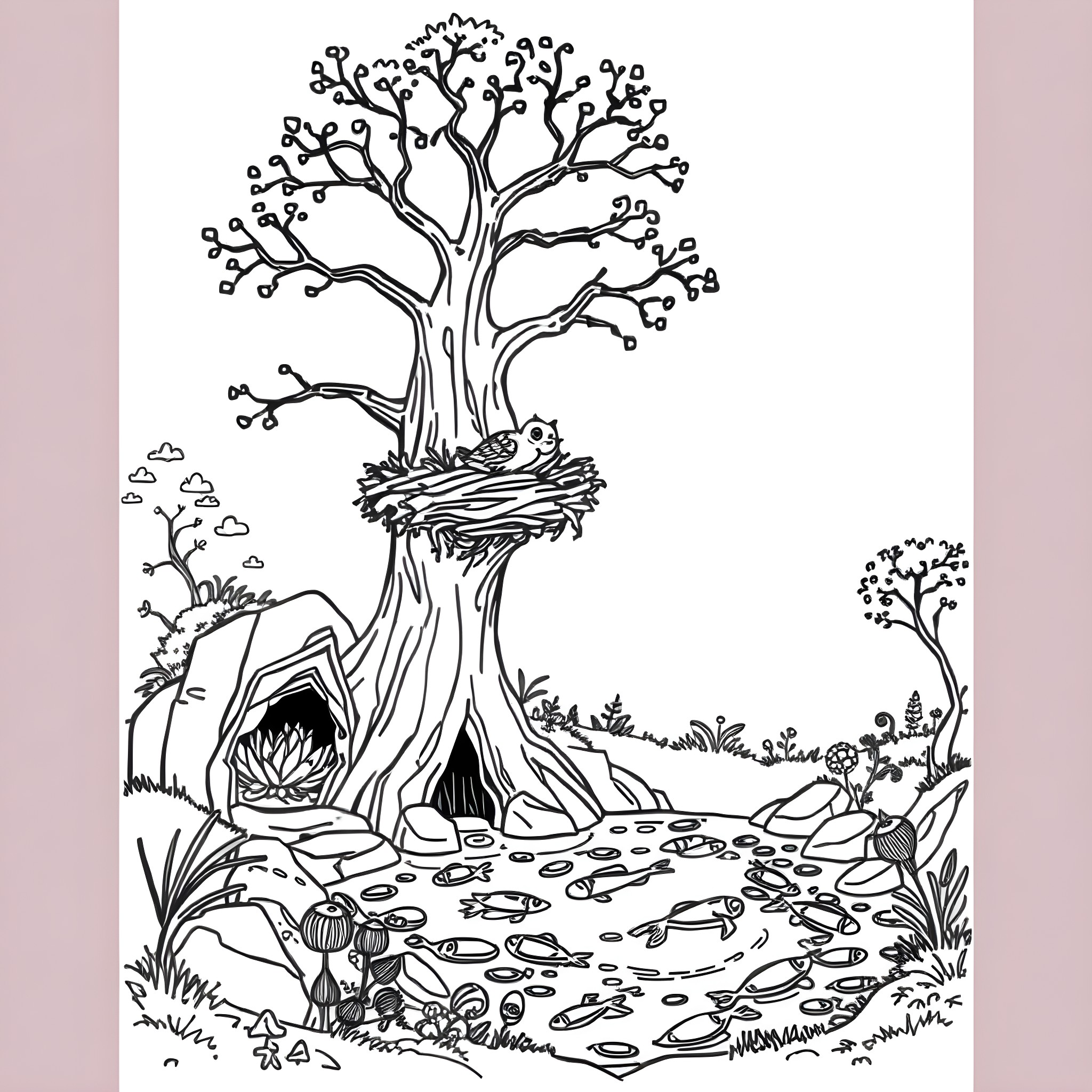 Animal Home in a Whimsical Woodland Scene Coloring Page (free black-and-white line drawing printable PDF for all, from beginners to advanced learners, including children, teens, adults, and seniors)