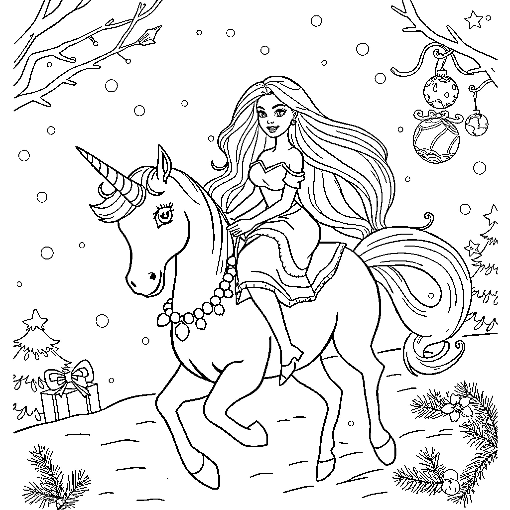 Barbie riding a magical unicorn in a winter wonderland Coloring Page (free black-and-white line drawing printable PDF for all, from beginners to advanced learners, including children, teens, adults, and seniors)