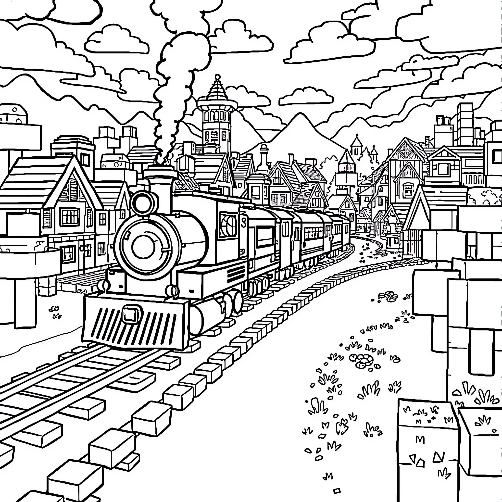 Train Traveling Through a Whimsical Cityscape Coloring Page (free black-and-white line drawing printable PDF for all, from beginners to advanced learners, including children, teens, adults, and seniors)