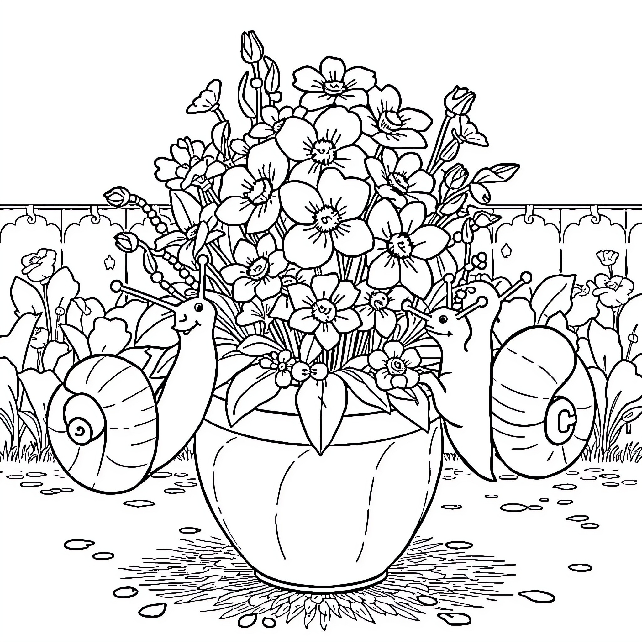 Snail floral bouquet in a vase Coloring Page (free black-and-white line drawing printable PDF for all, from beginners to advanced learners, including children, teens, adults, and seniors)