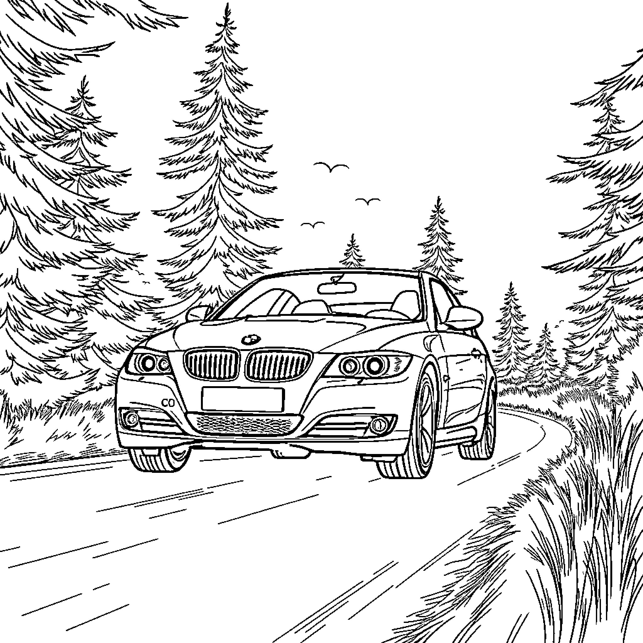 BMW Driving Through Snowy Forest Landscape Coloring Page (free black-and-white line drawing printable PDF for all, from beginners to advanced learners, including children, teens, adults, and seniors)