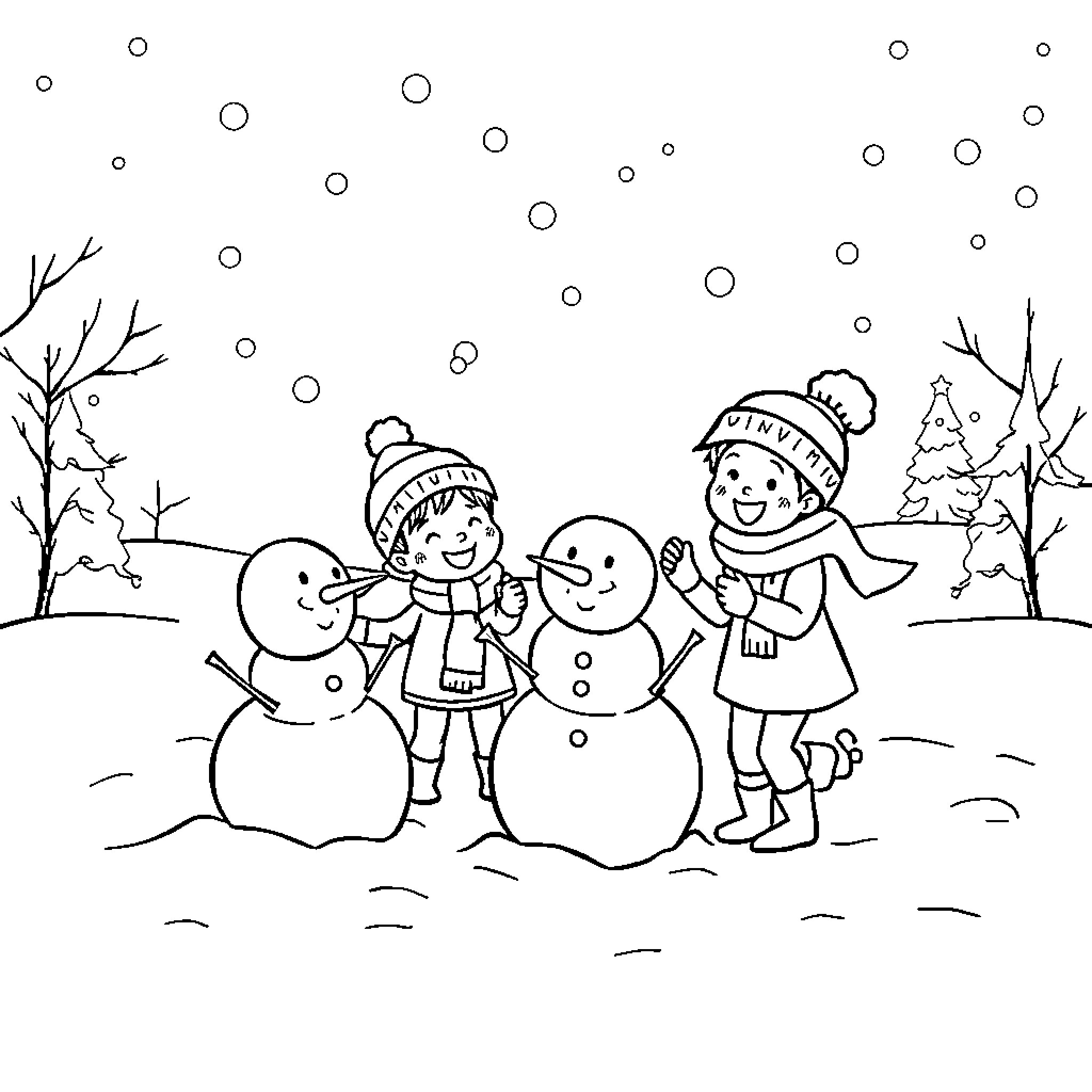 Family Building Snowmen in Winter Wonderland Coloring Page (free black-and-white line drawing printable PDF for all, from beginners to advanced learners, including children, teens, adults, and seniors)