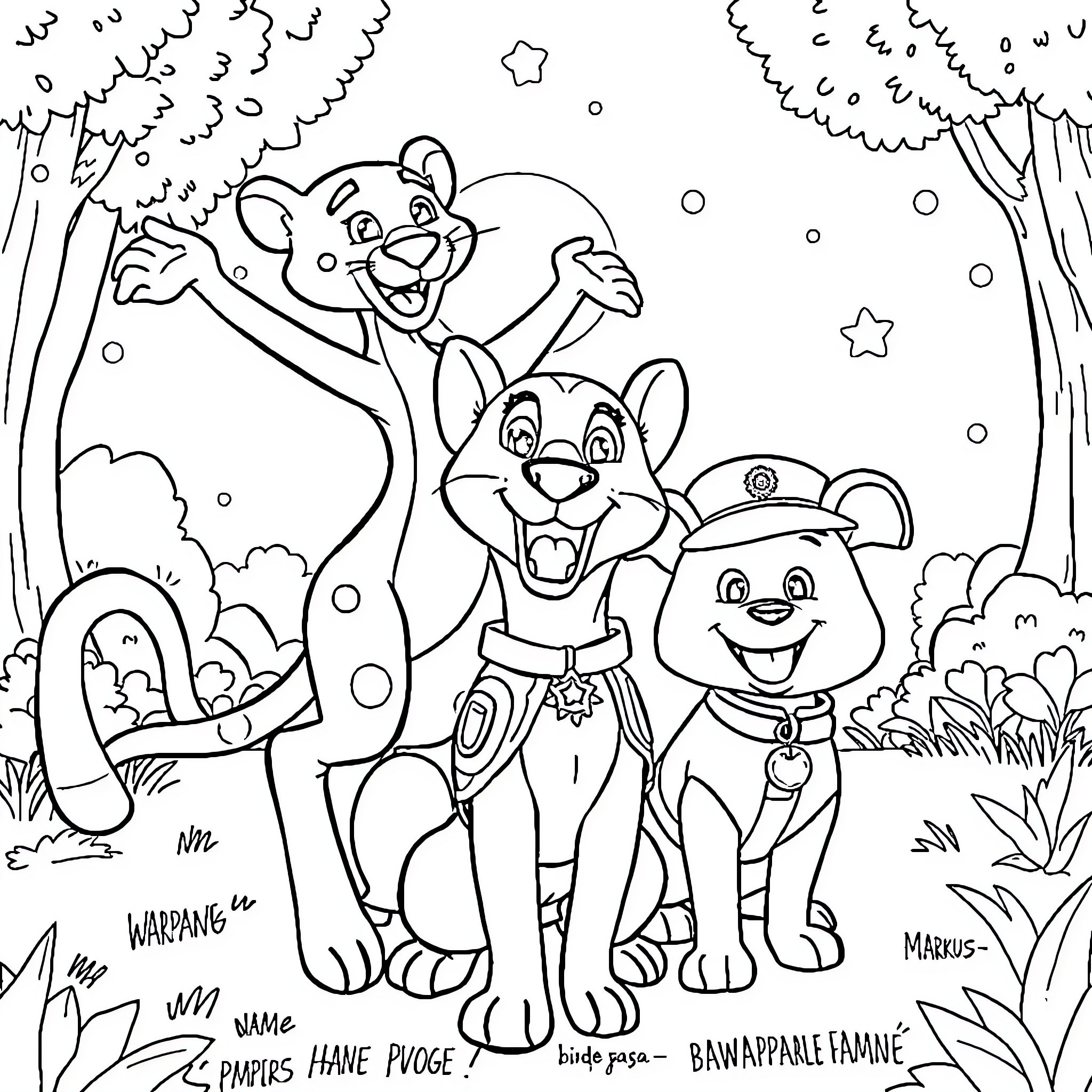 Panther and friends enjoying the forest scene Coloring Page (free black-and-white line drawing printable PDF for all, from beginners to advanced learners, including children, teens, adults, and seniors)