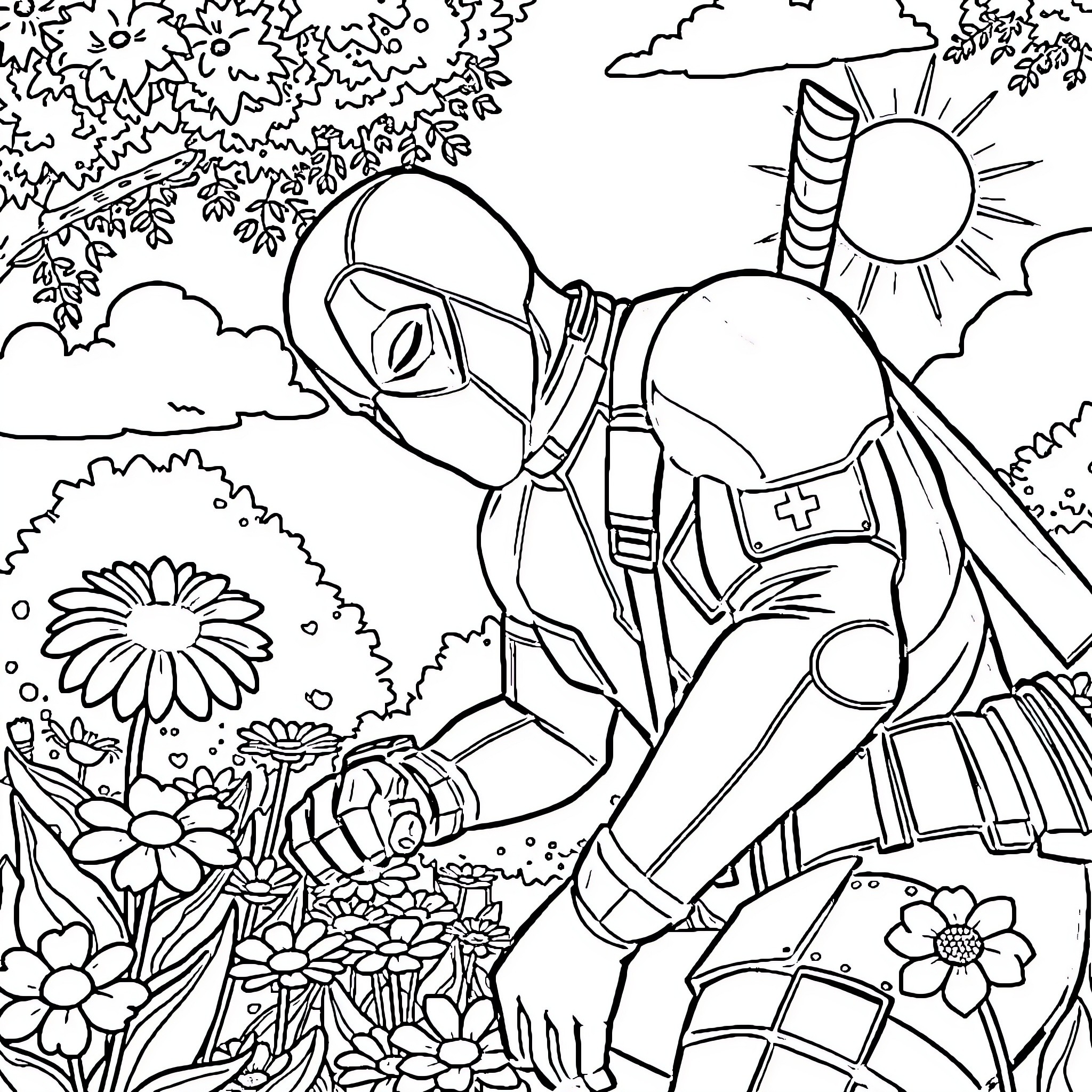 Deadpool's Sunny Adventure in a Floral Wonderland Coloring Page (free black-and-white line drawing printable PDF for all, from beginners to advanced learners, including children, teens, adults, and seniors)