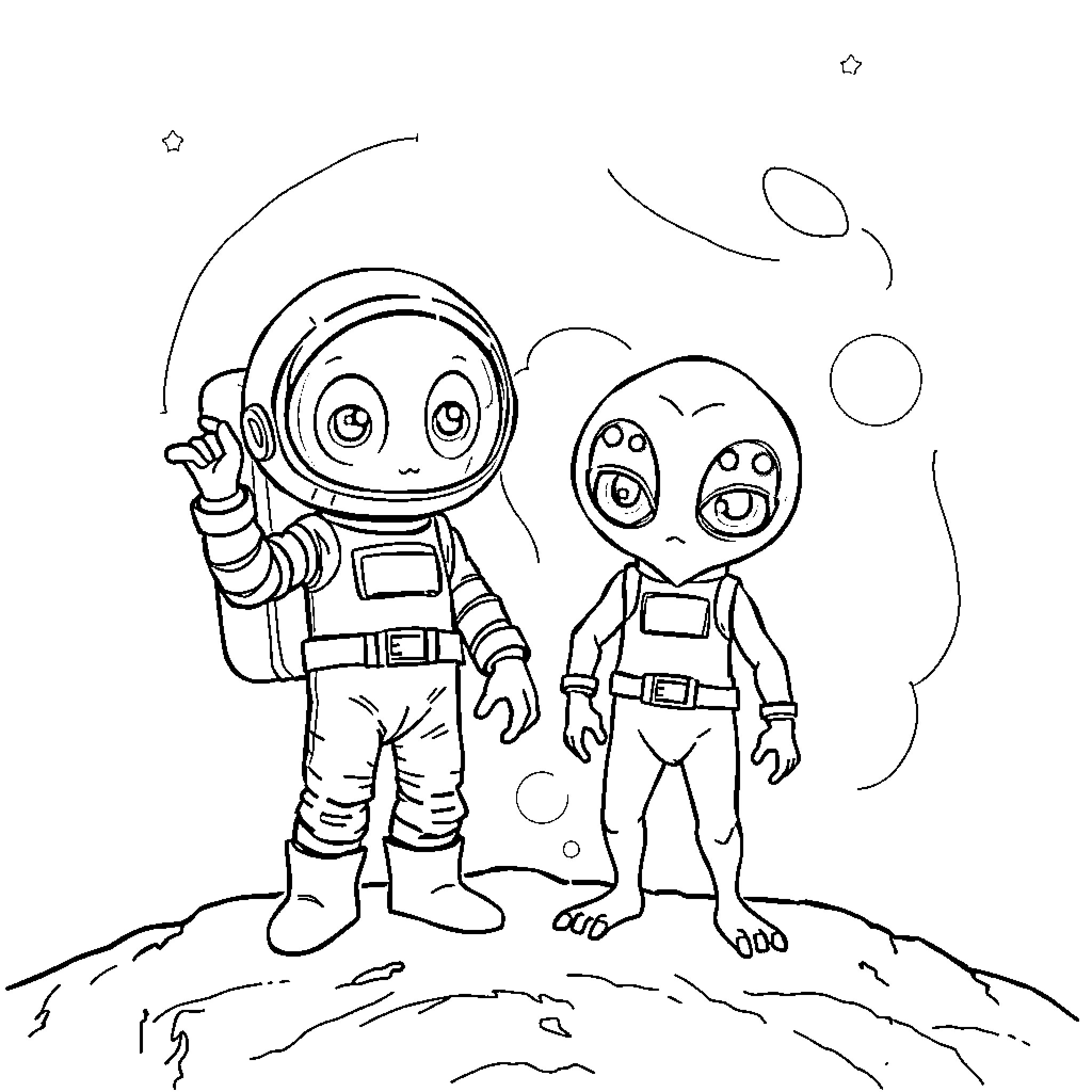 Bluey and friends explore the cosmos Coloring Page (free black-and-white line drawing printable PDF for all, from beginners to advanced learners, including children, teens, adults, and seniors)