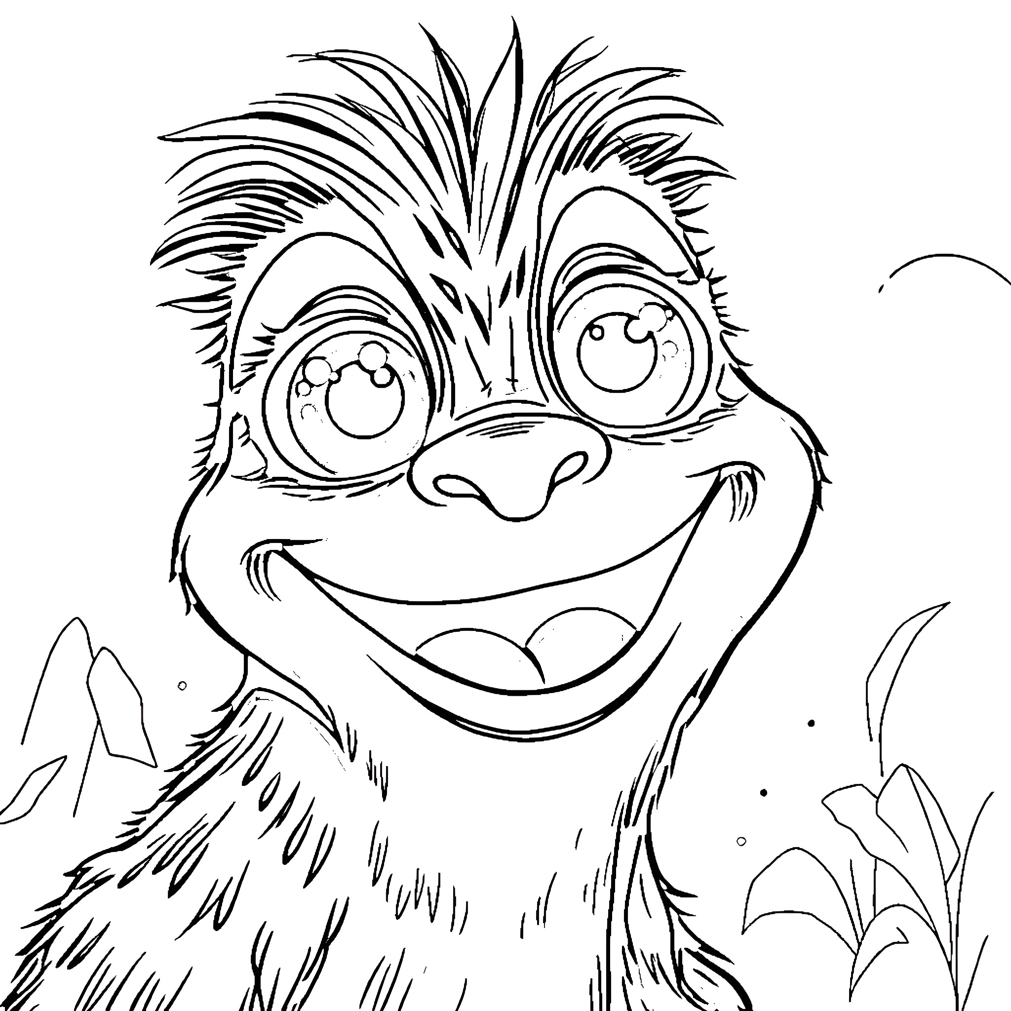 Glorilla's Whimsical Woodland Creature Coloring Page (free black-and-white line drawing printable PDF for all, from beginners to advanced learners, including children, teens, adults, and seniors)