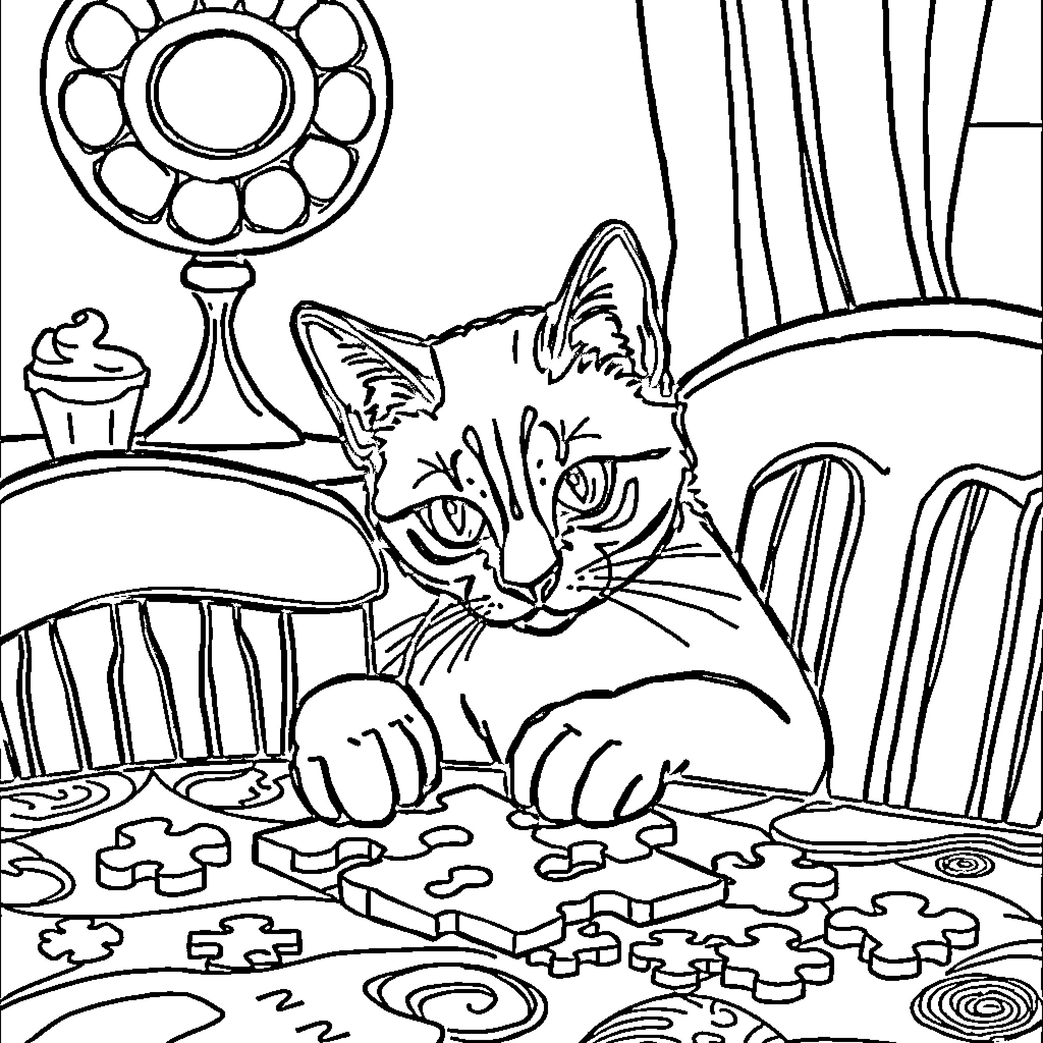 Siamese Cat Exploring a Whimsical Room Coloring Page (free black-and-white line drawing printable PDF for all, from beginners to advanced learners, including children, teens, adults, and seniors)