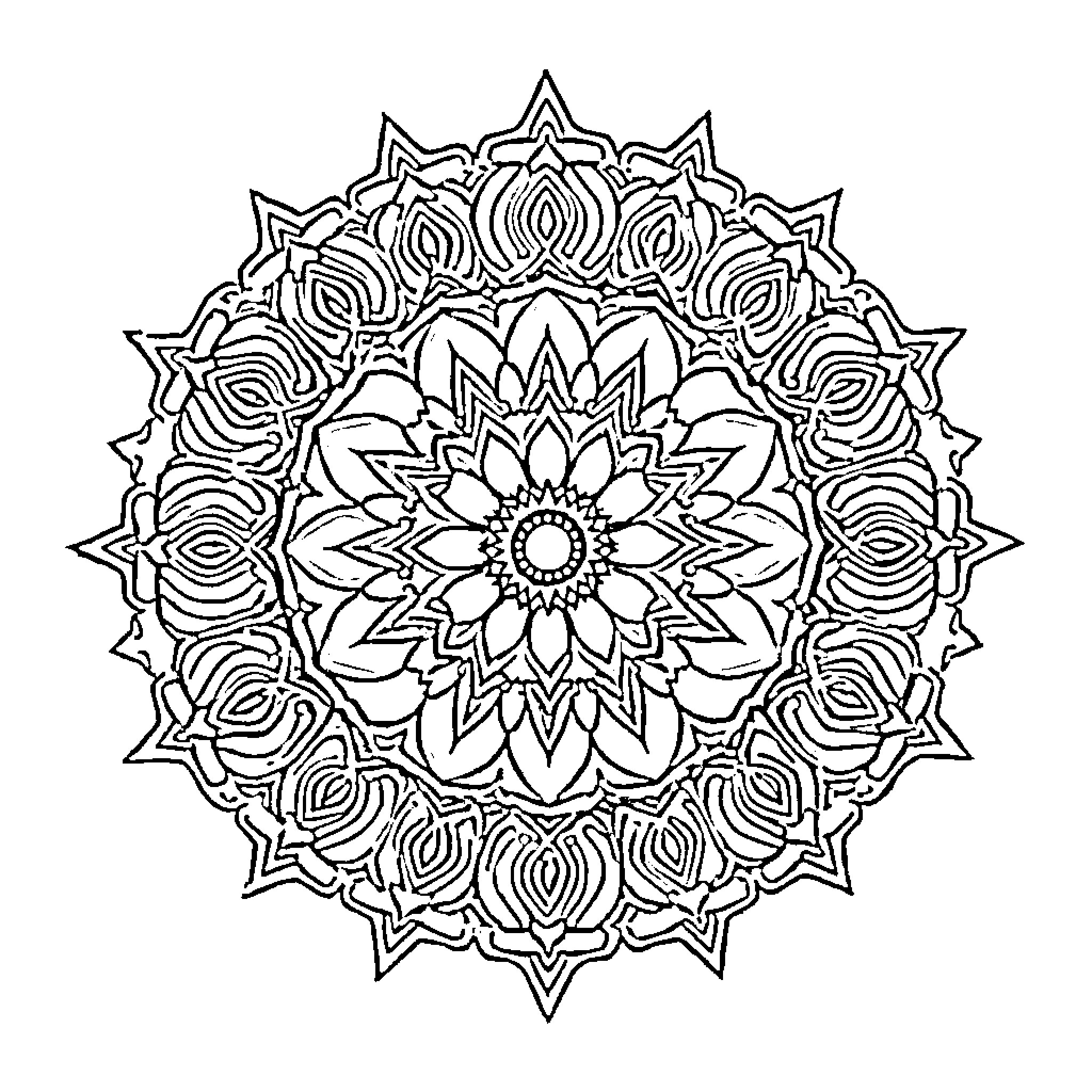 Mandalas with intricate floral design Coloring Page (free black-and-white line drawing printable PDF for all, from beginners to advanced learners, including children, teens, adults, and seniors)