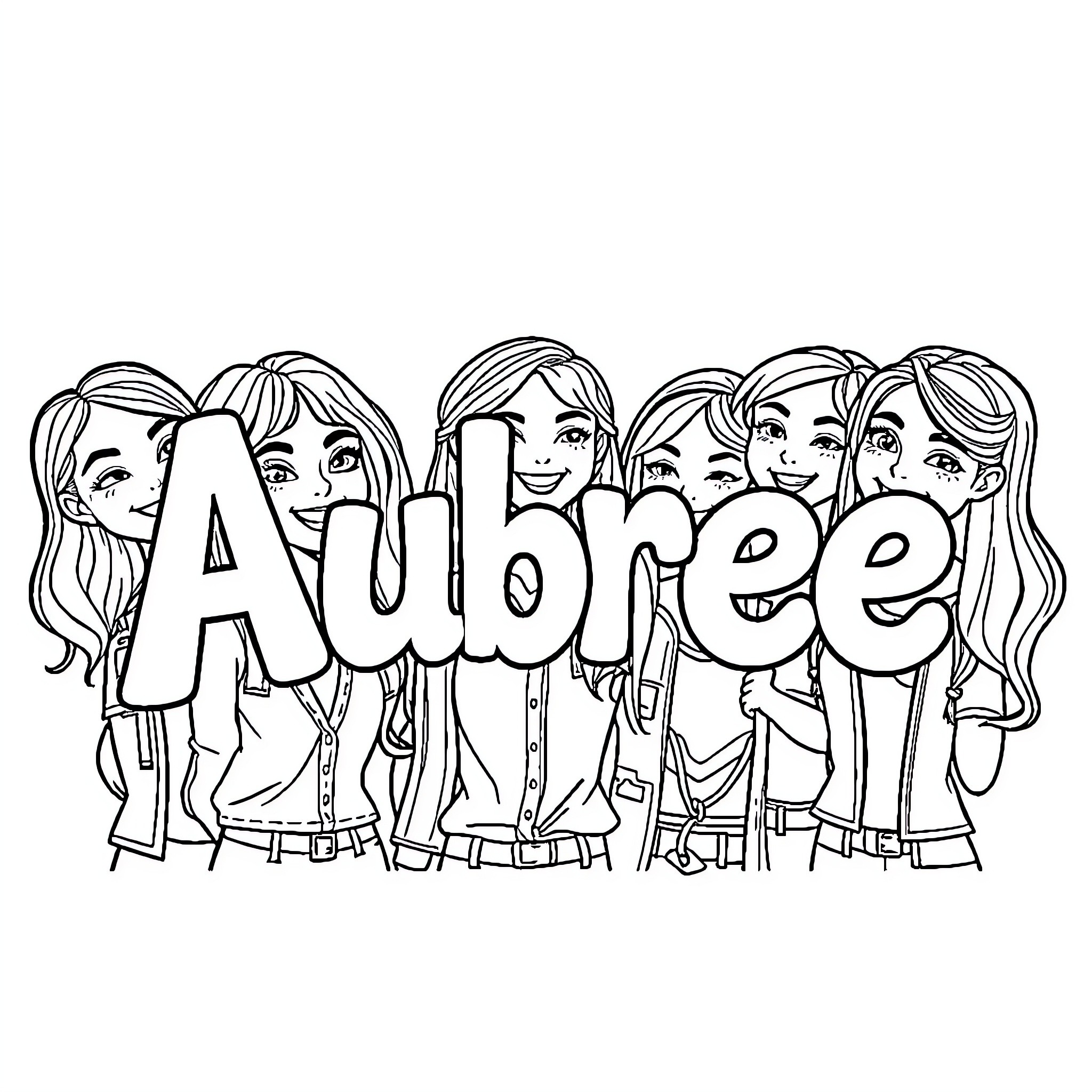 Aubree and her diverse group of friends Coloring Page (free black-and-white line drawing printable PDF for all, from beginners to advanced learners, including children, teens, adults, and seniors)