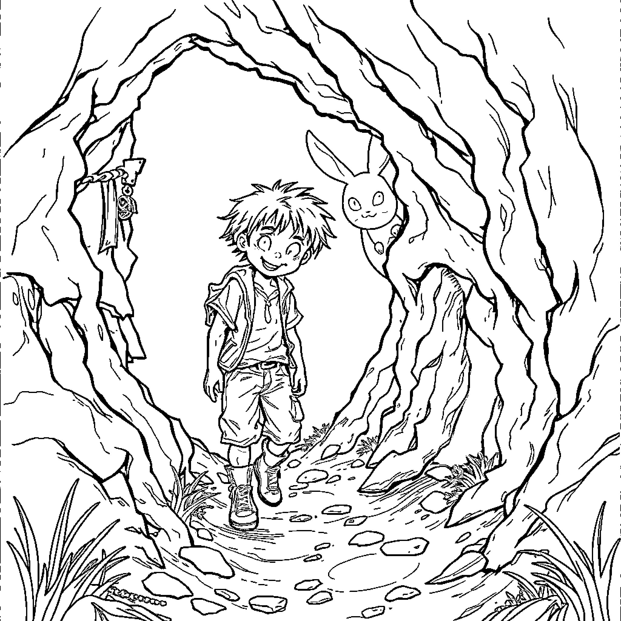 Kid exploring a mysterious forest with a curious creature Coloring Page (free black-and-white line drawing printable PDF for all, from beginners to advanced learners, including children, teens, adults, and seniors)