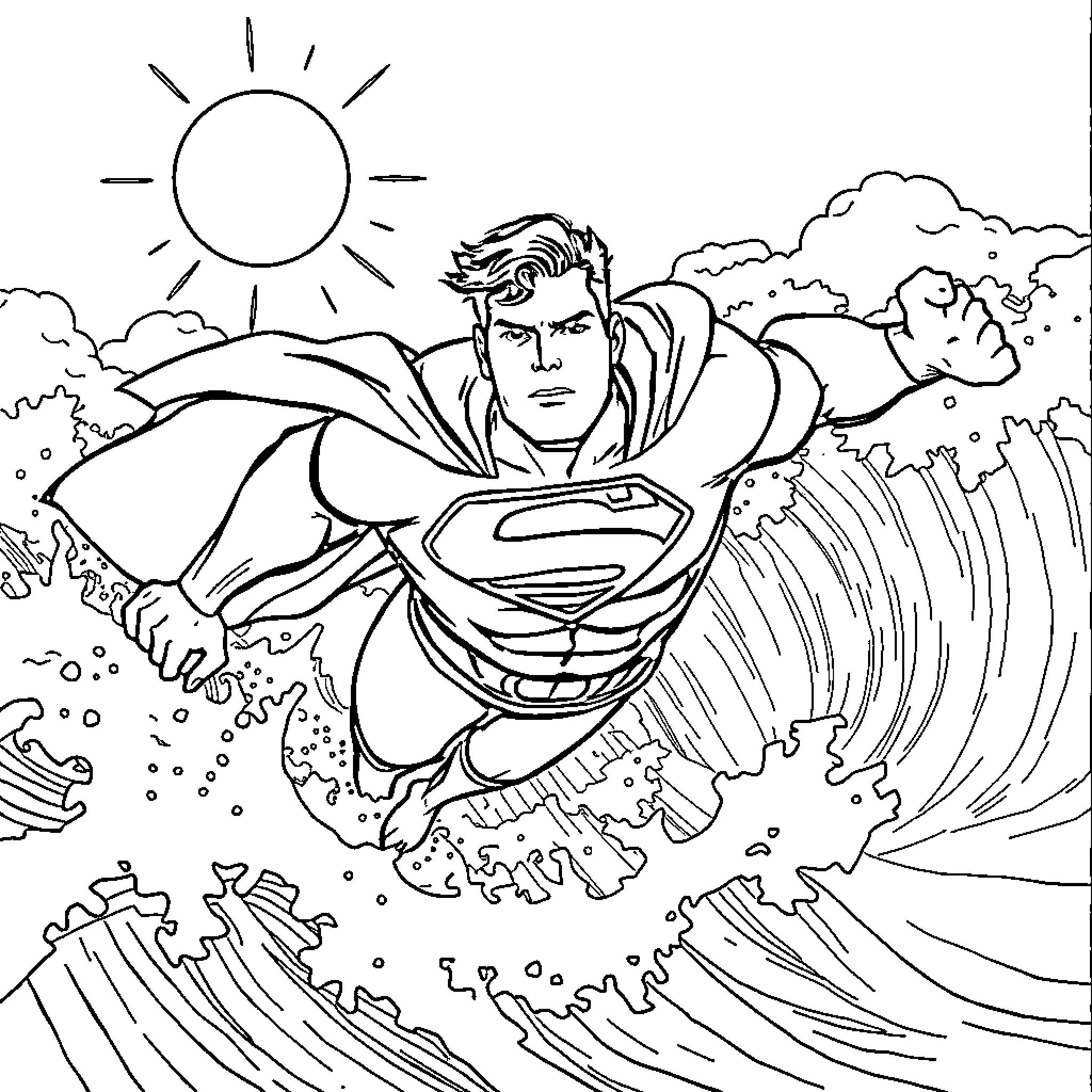 Superman soaring through the stormy skies Coloring Page (free black-and-white line drawing printable PDF for all, from beginners to advanced learners, including children, teens, adults, and seniors)