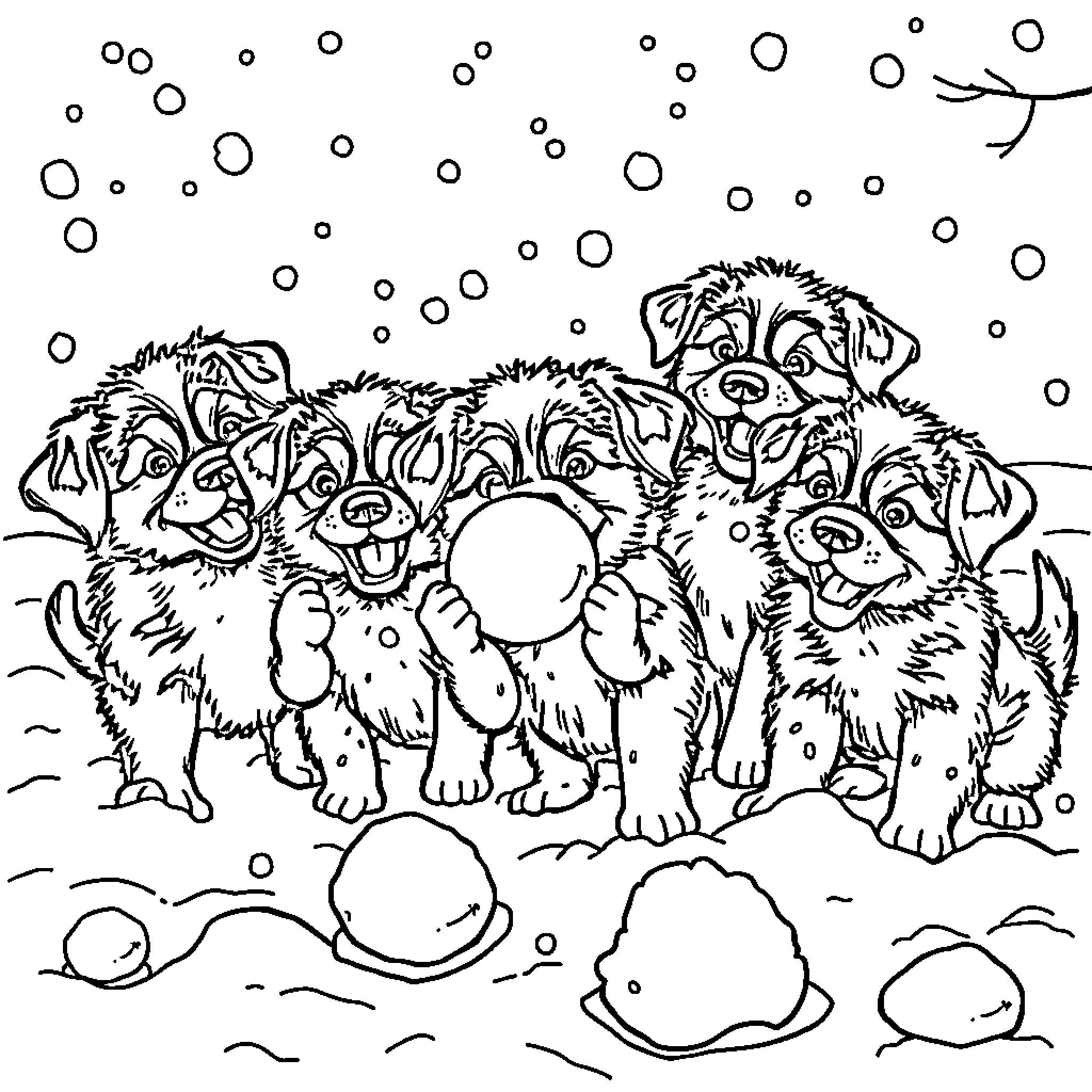 Puppy playing in the snow Coloring Page (free black-and-white line drawing printable PDF for all, from beginners to advanced learners, including children, teens, adults, and seniors)