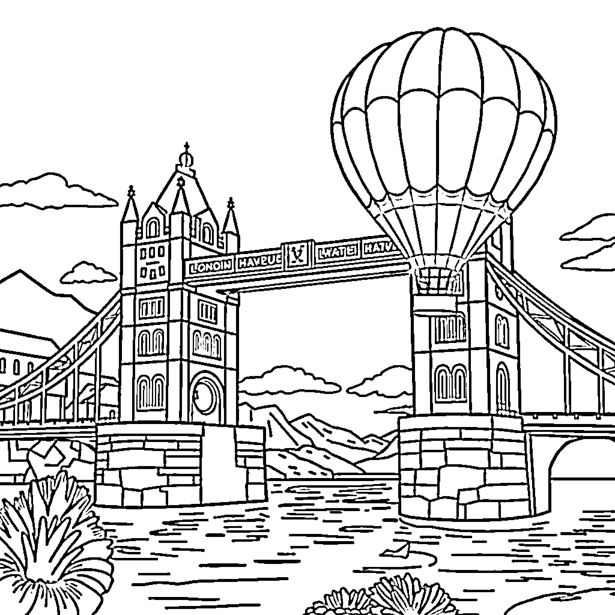 Hot Air Balloon Festival Celebration Scene Coloring Page (free black-and-white line drawing printable PDF for all, from beginners to advanced learners, including children, teens, adults, and seniors)