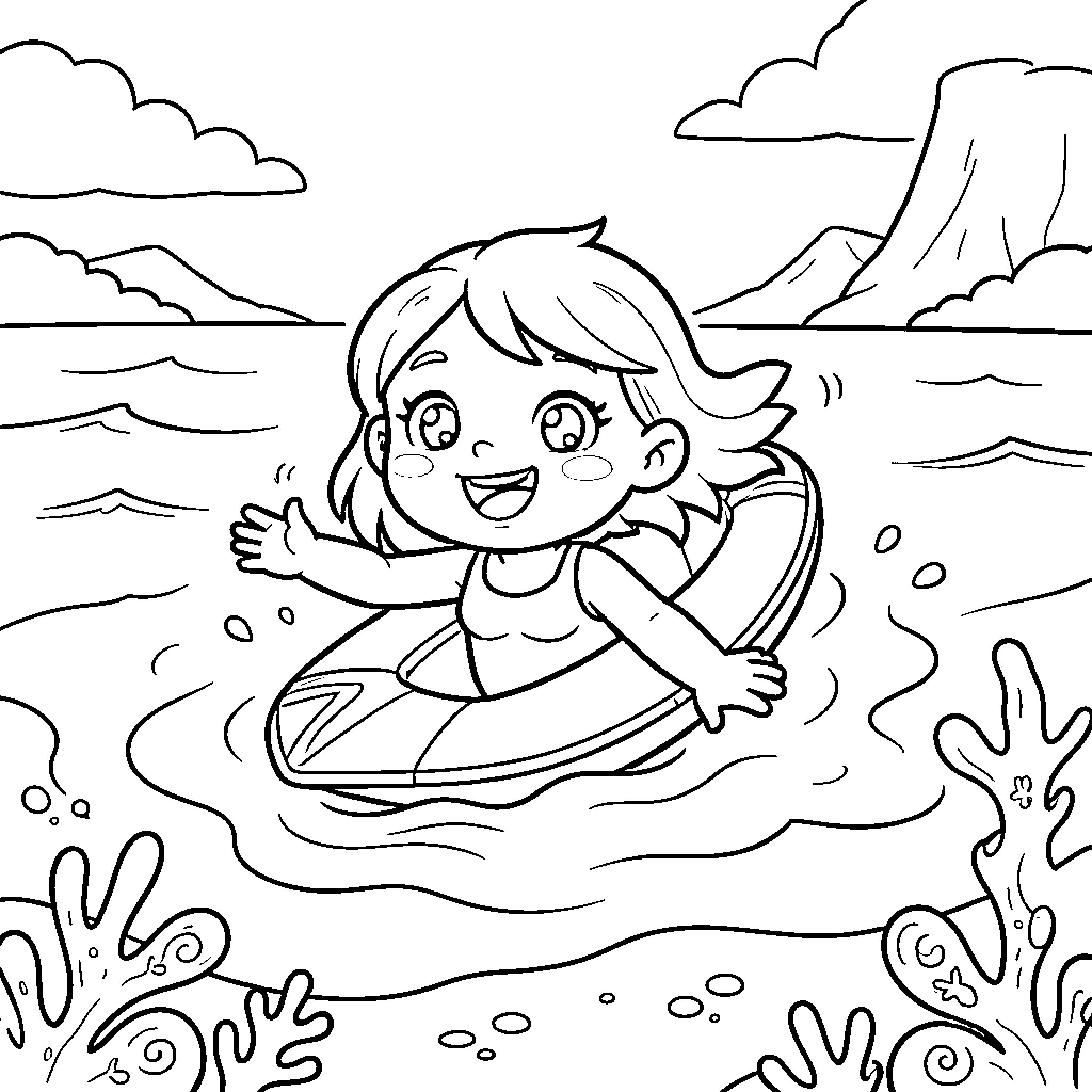 Bebefinn girl happily floating in a swim ring Coloring Page (free black-and-white line drawing printable PDF for all, from beginners to advanced learners, including children, teens, adults, and seniors)
