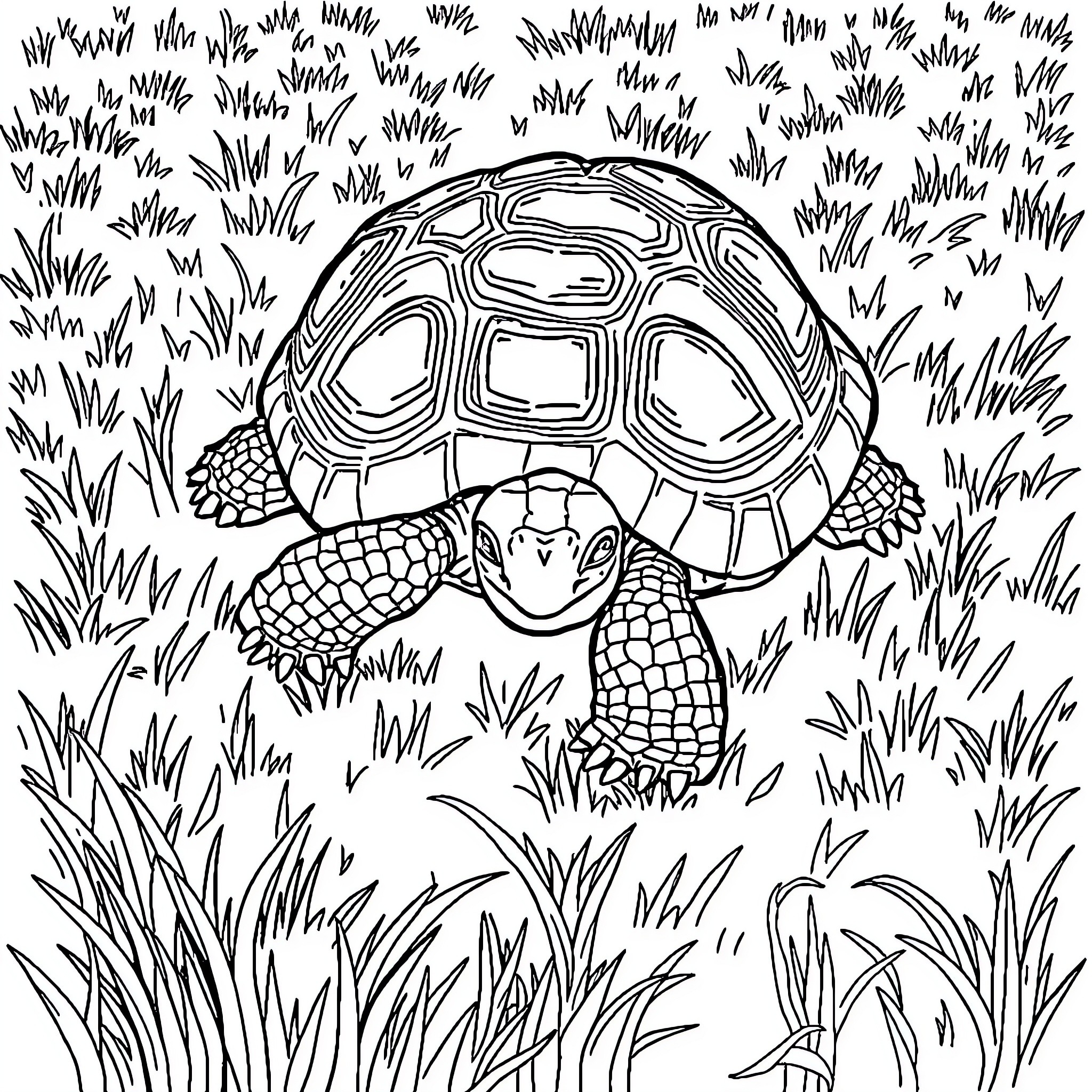 Turtle exploring the grassy field Coloring Page (free black-and-white line drawing printable PDF for all, from beginners to advanced learners, including children, teens, adults, and seniors)