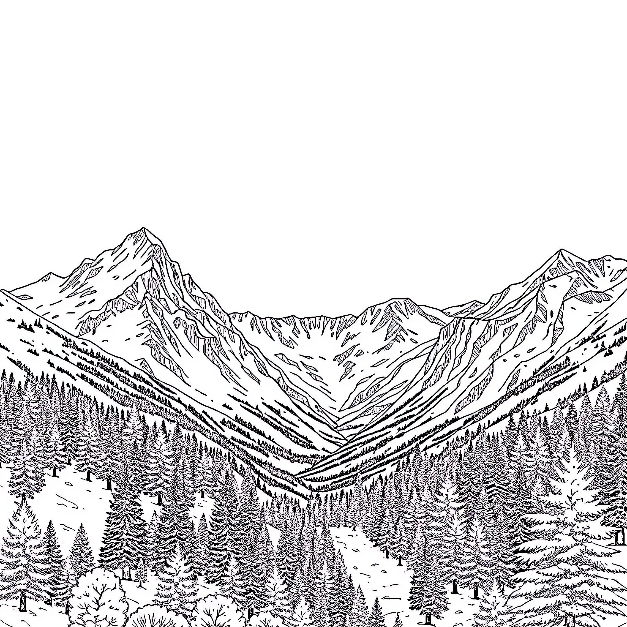 Andes Winter Landscape with Majestic Mountains Coloring Page (free black-and-white line drawing printable PDF for all, from beginners to advanced learners, including children, teens, adults, and seniors)
