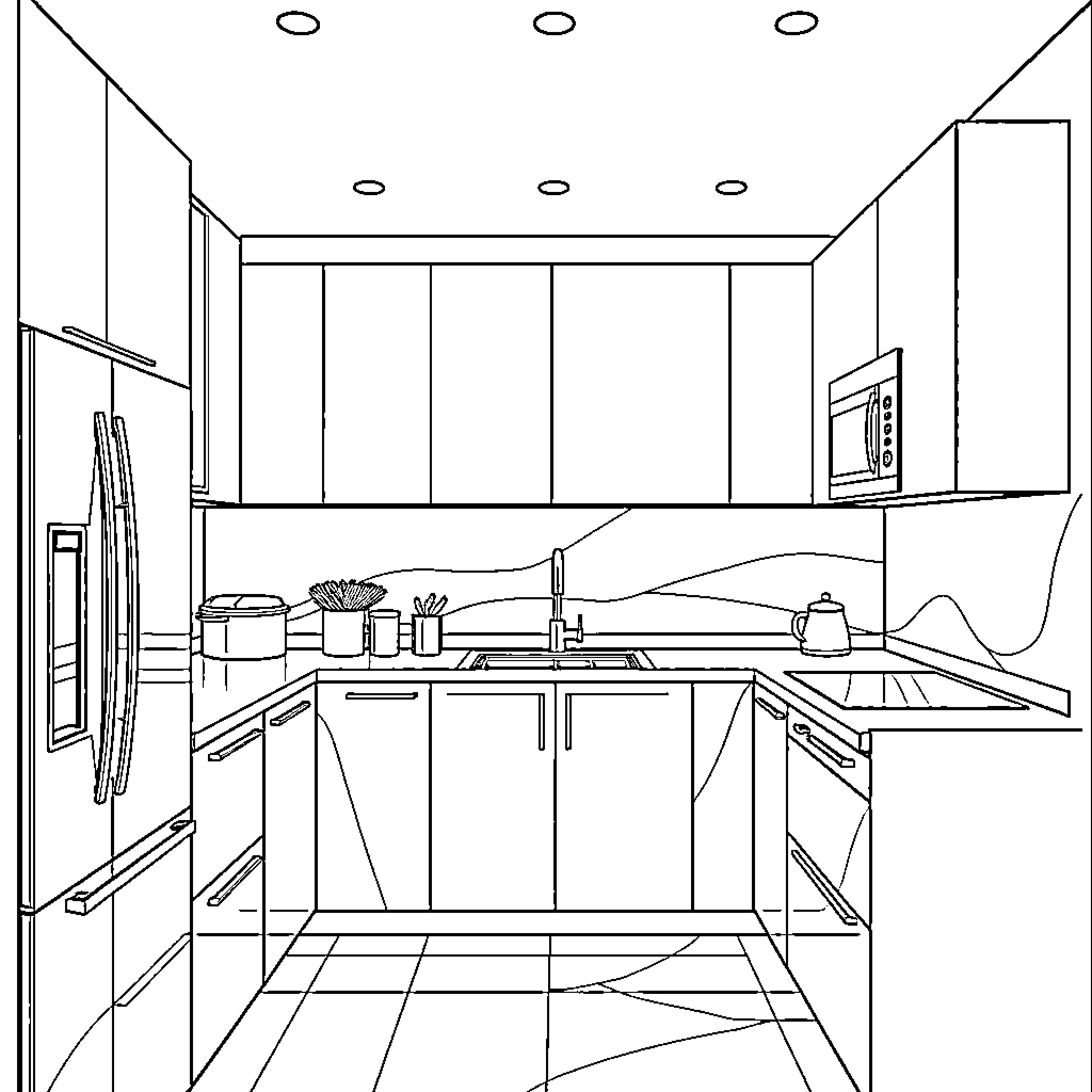 Kitchen with modern appliances and cooking utensils Coloring Page (free black-and-white line drawing printable PDF for all, from beginners to advanced learners, including children, teens, adults, and seniors)