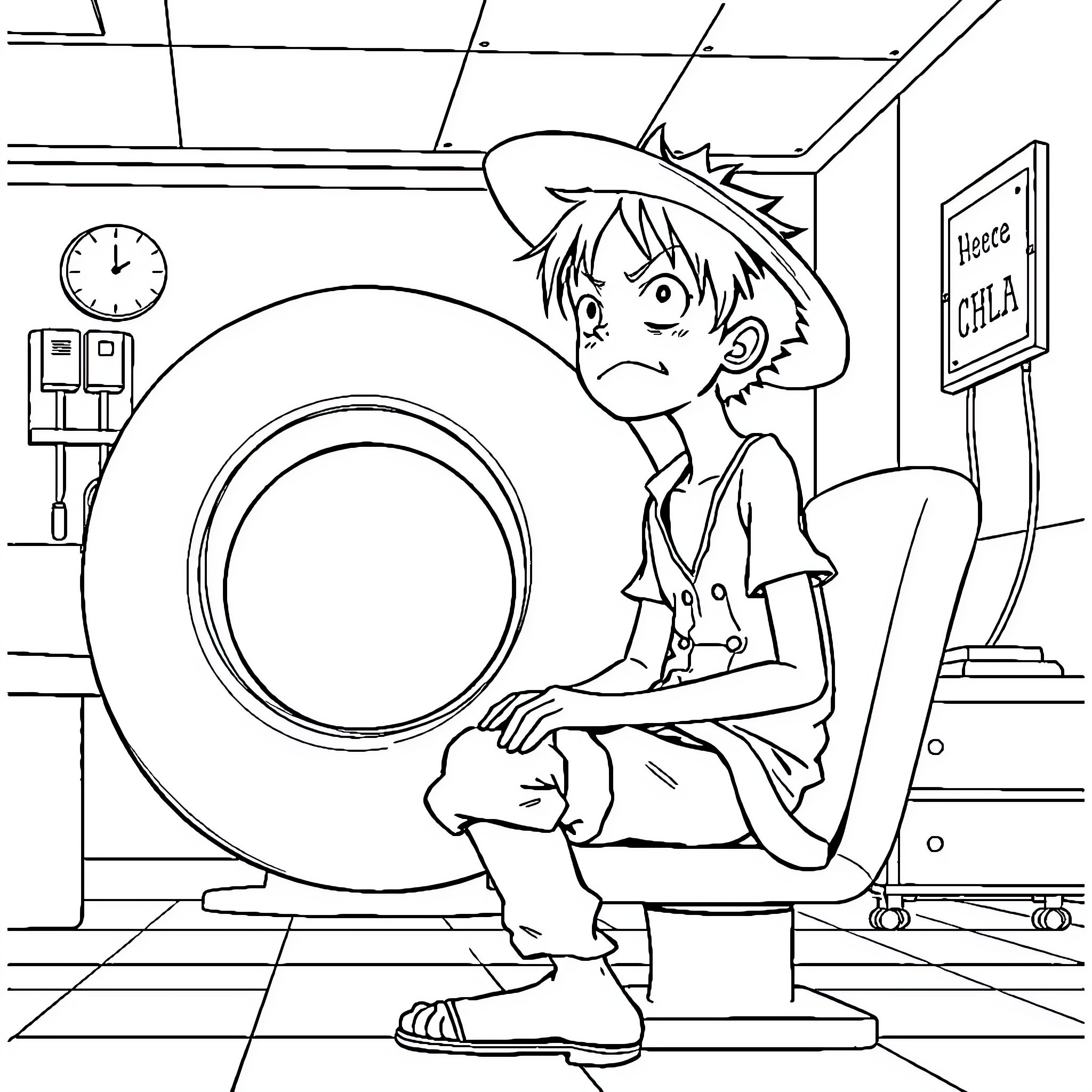 Luffy Waiting Anxiously in a Strange Place Coloring Page (free black-and-white line drawing printable PDF for all, from beginners to advanced learners, including children, teens, adults, and seniors)