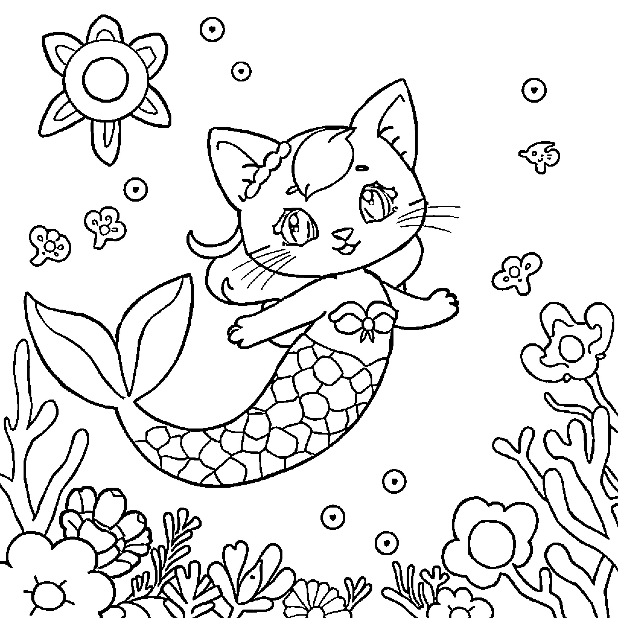 Kitty Mermaid Adventures in the Ocean Coloring Page (free black-and-white line drawing printable PDF for all, from beginners to advanced learners, including children, teens, adults, and seniors)