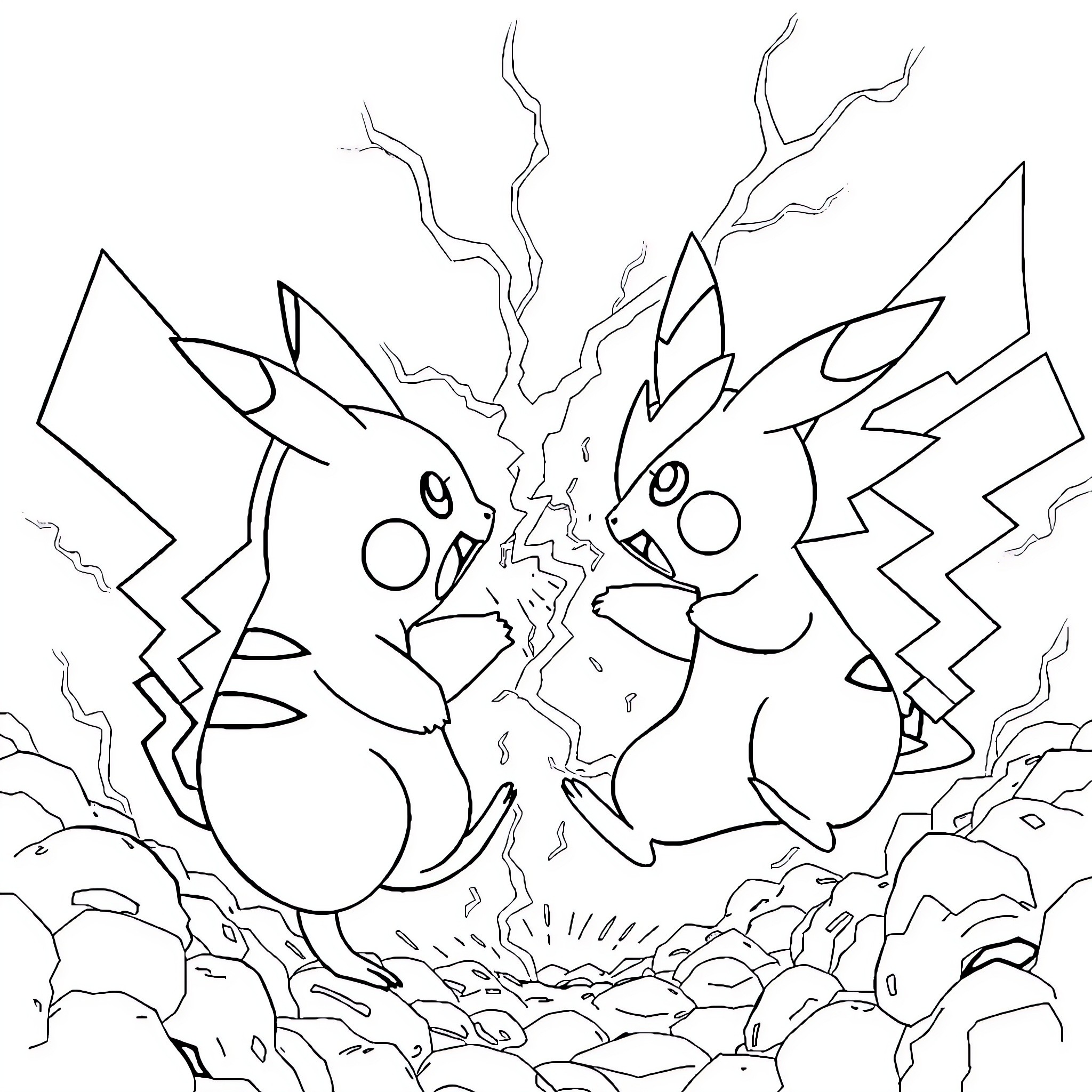 Pikachu battling furiously in an electric storm Coloring Page (free black-and-white line drawing printable PDF for all, from beginners to advanced learners, including children, teens, adults, and seniors)