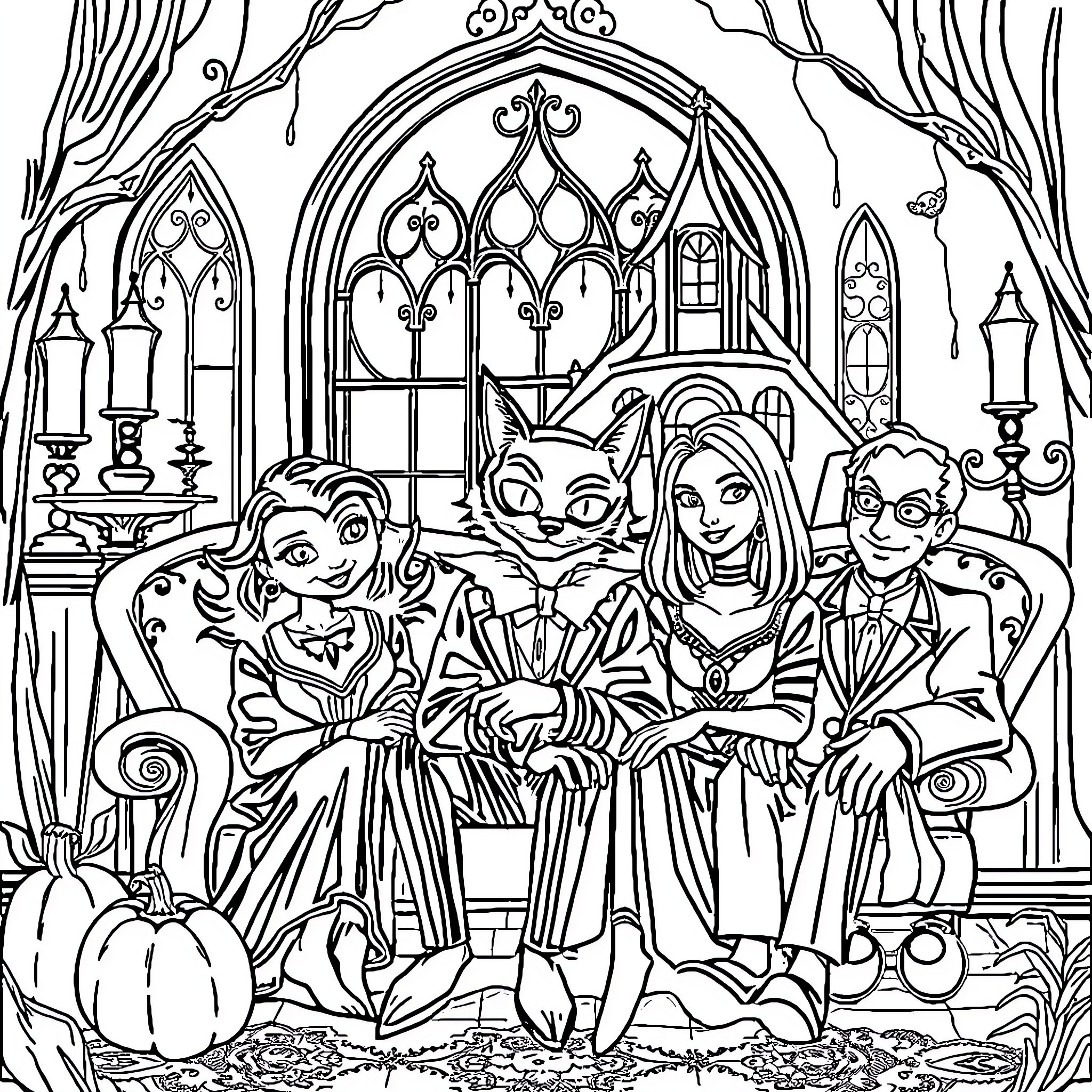 Cat Noir Friends Gather in Mysterious Castle Coloring Page (free black-and-white line drawing printable PDF for all, from beginners to advanced learners, including children, teens, adults, and seniors)