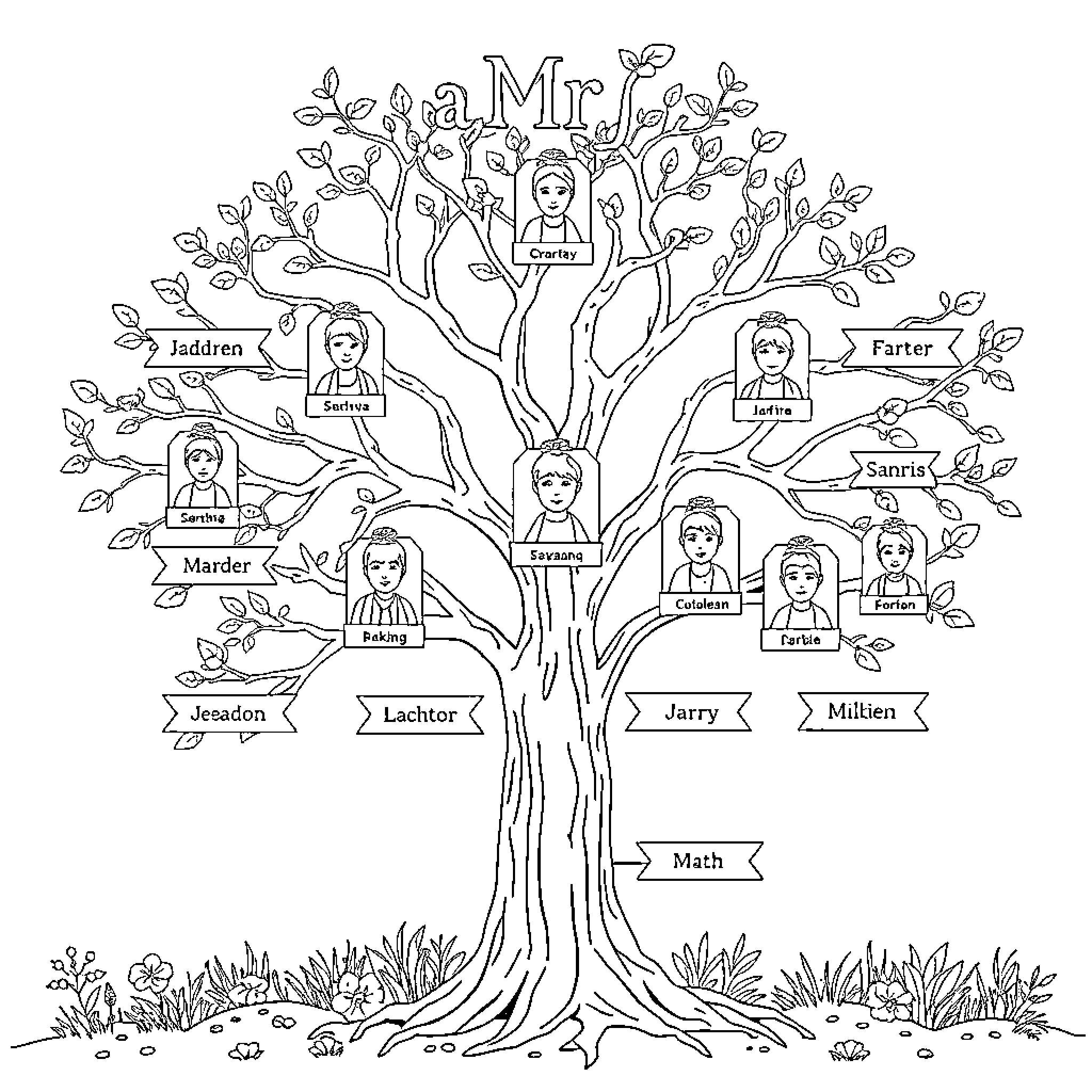 Tree of names and family connections Coloring Page (free black-and-white line drawing printable PDF for all, from beginners to advanced learners, including children, teens, adults, and seniors)