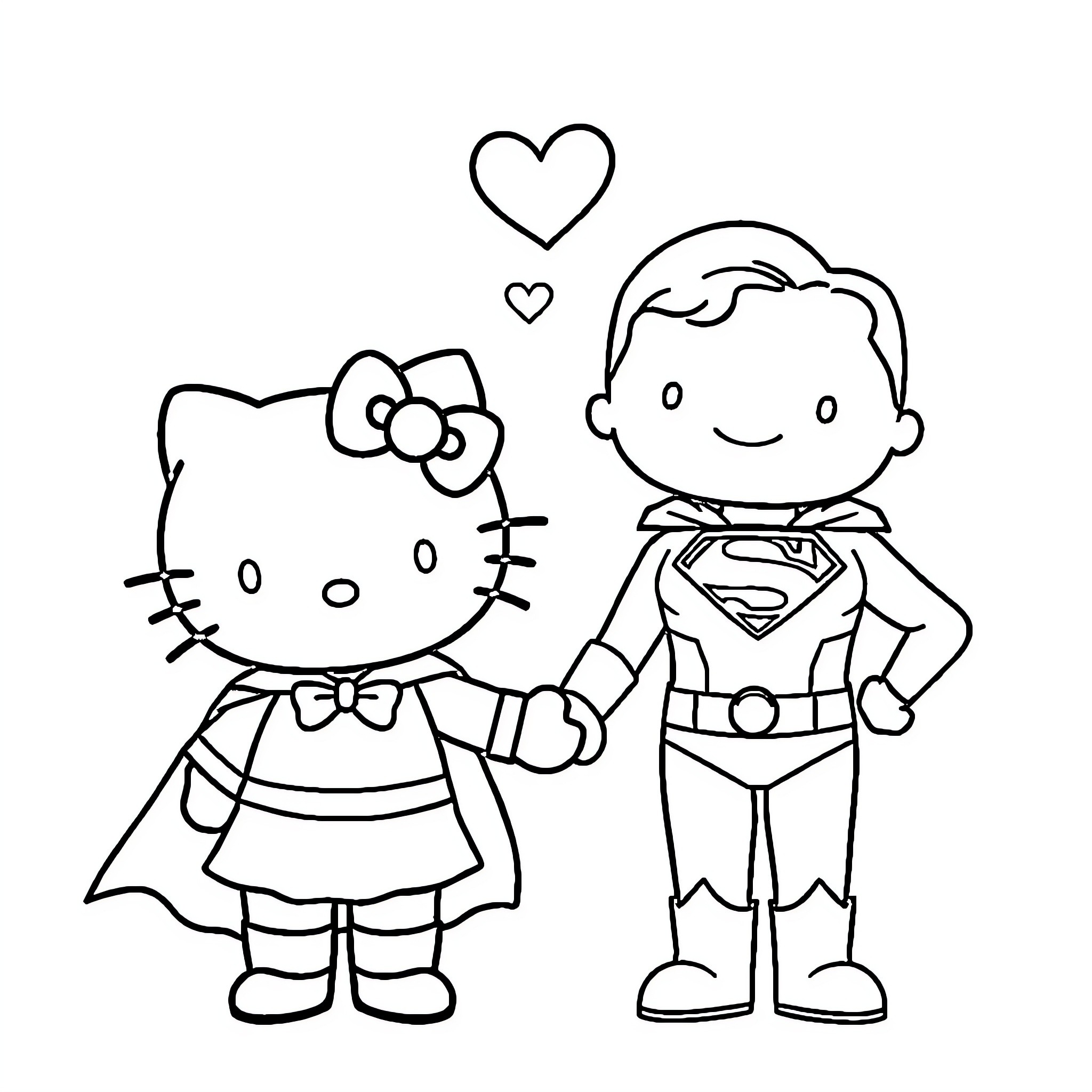 Hello Kitty and Superman holding hands with hearts Coloring Page (free black-and-white line drawing printable PDF for all, from beginners to advanced learners, including children, teens, adults, and seniors)
