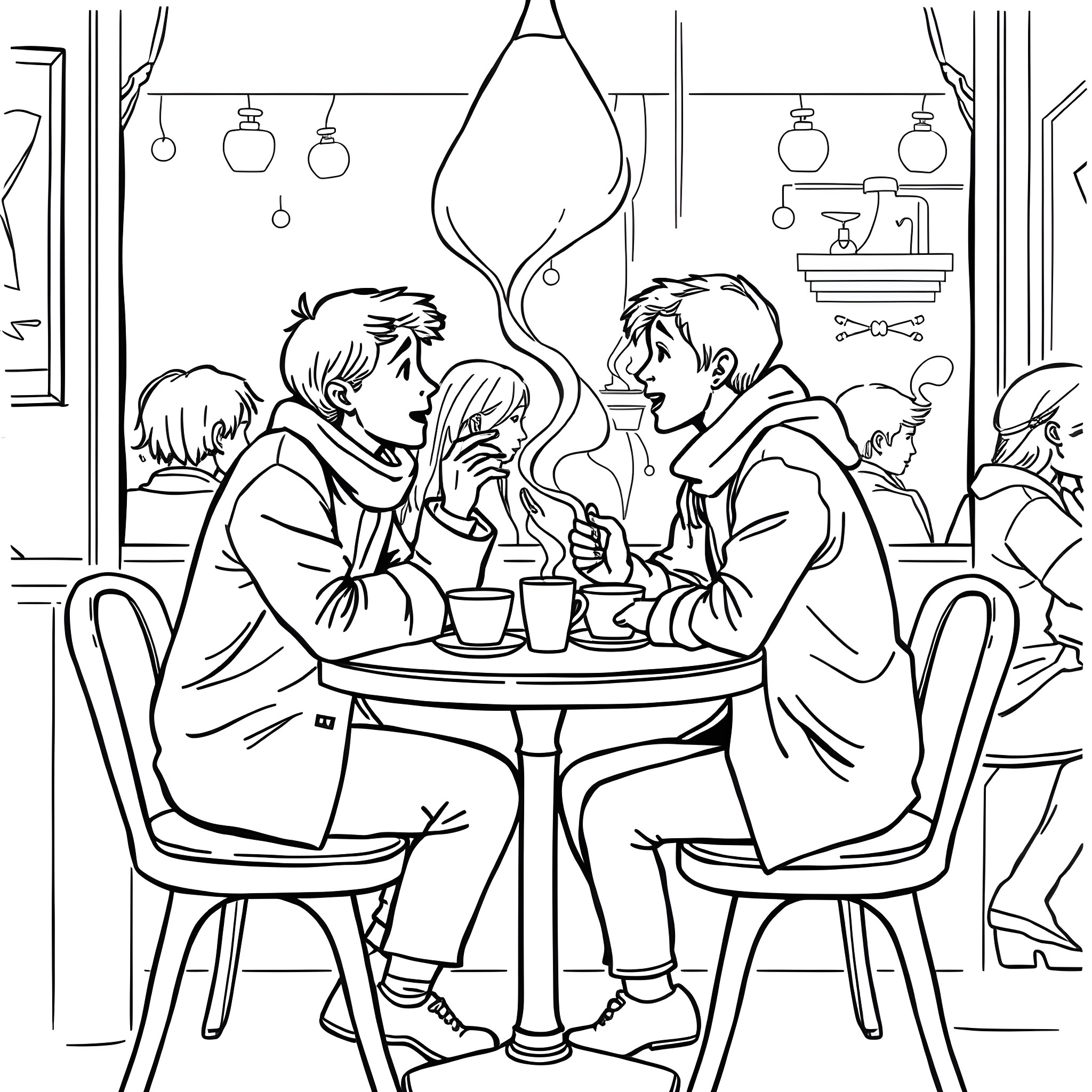 Person sitting and talking in a cozy cafe Coloring Page (free black-and-white line drawing printable PDF for all, from beginners to advanced learners, including children, teens, adults, and seniors)