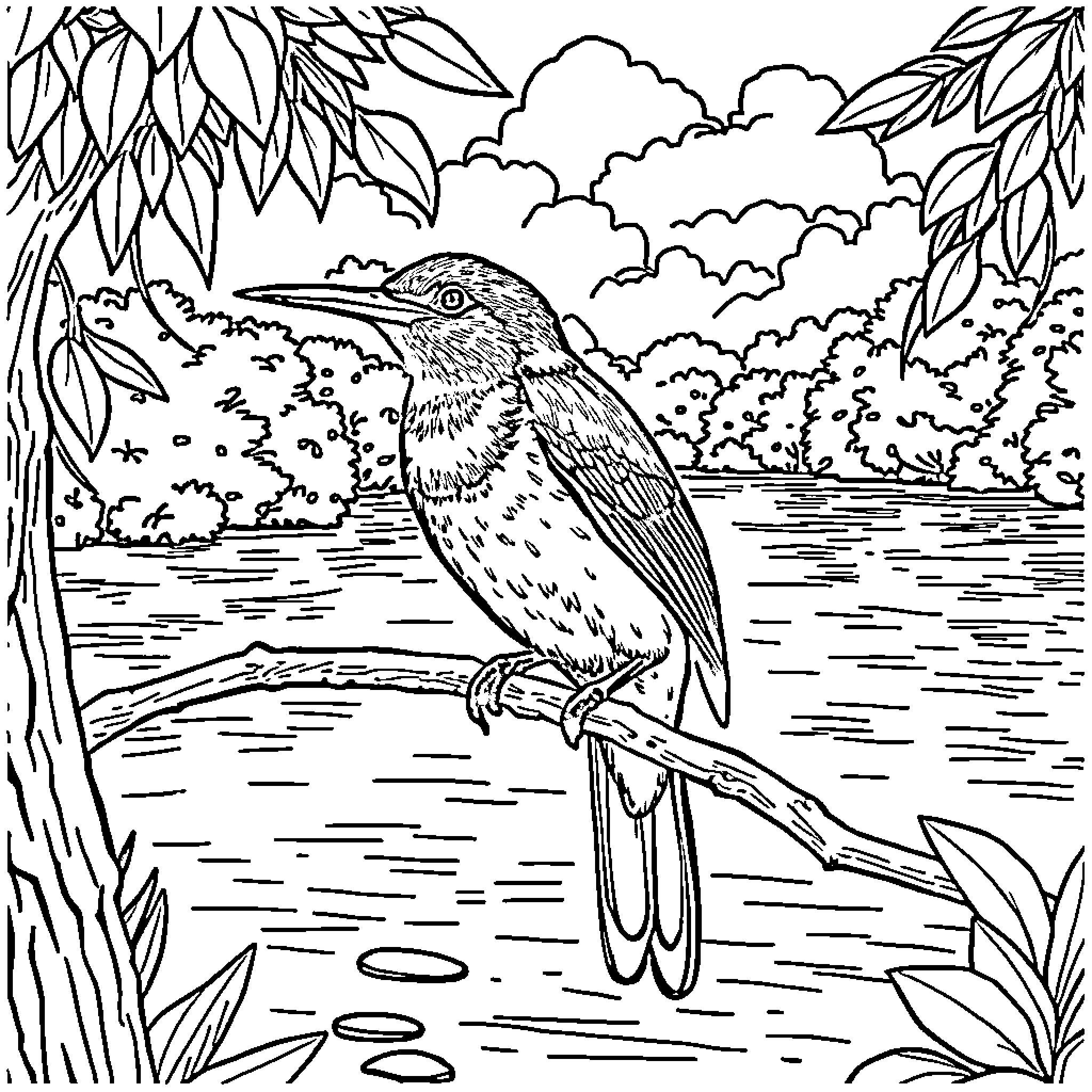 Kingfisher perched amidst lush foliage near tranquil waters Coloring Page (free black-and-white line drawing printable PDF for all, from beginners to advanced learners, including children, teens, adults, and seniors)