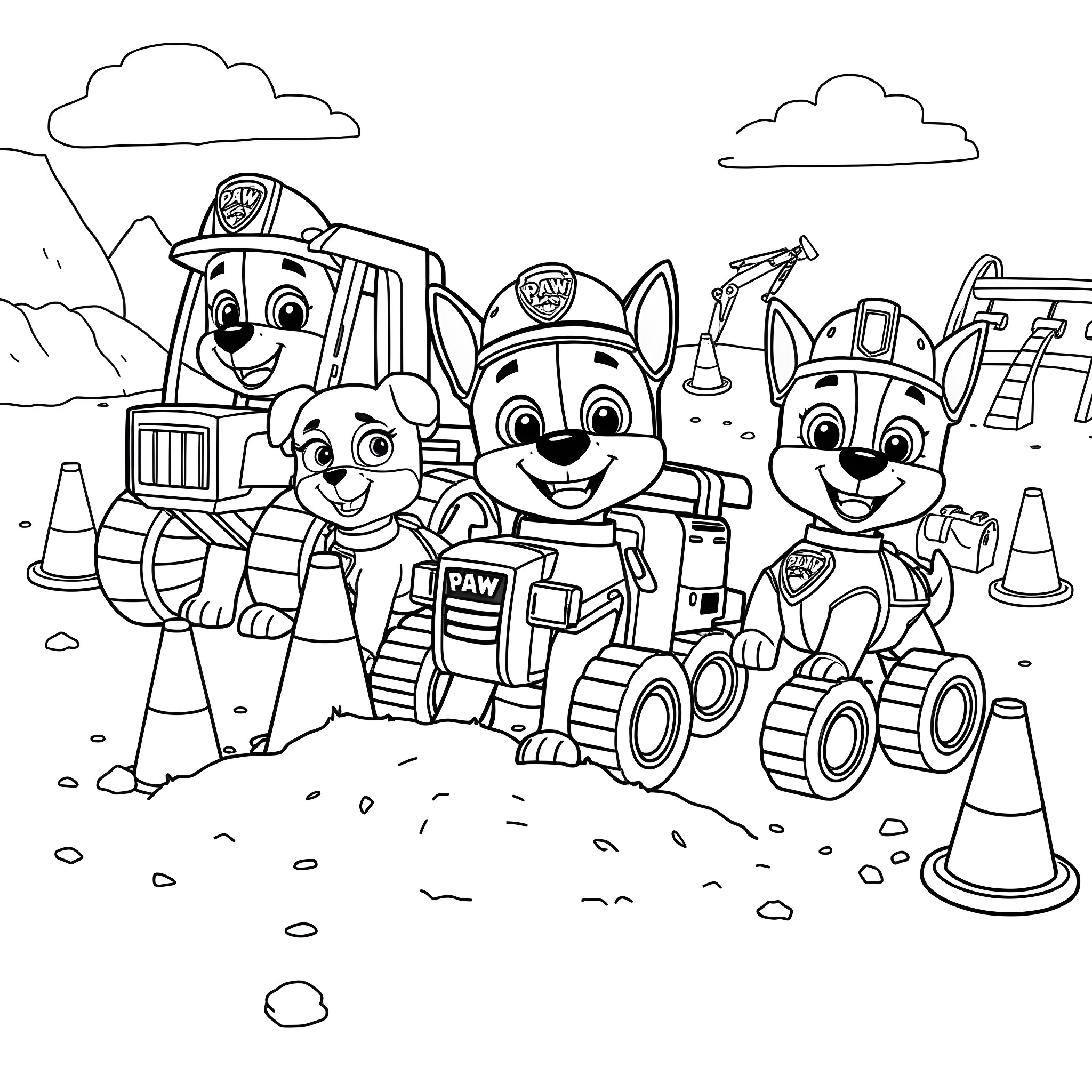 Paw Patrol characters on an adventure with vehicles Coloring Page (free black-and-white line drawing printable PDF for all, from beginners to advanced learners, including children, teens, adults, and seniors)