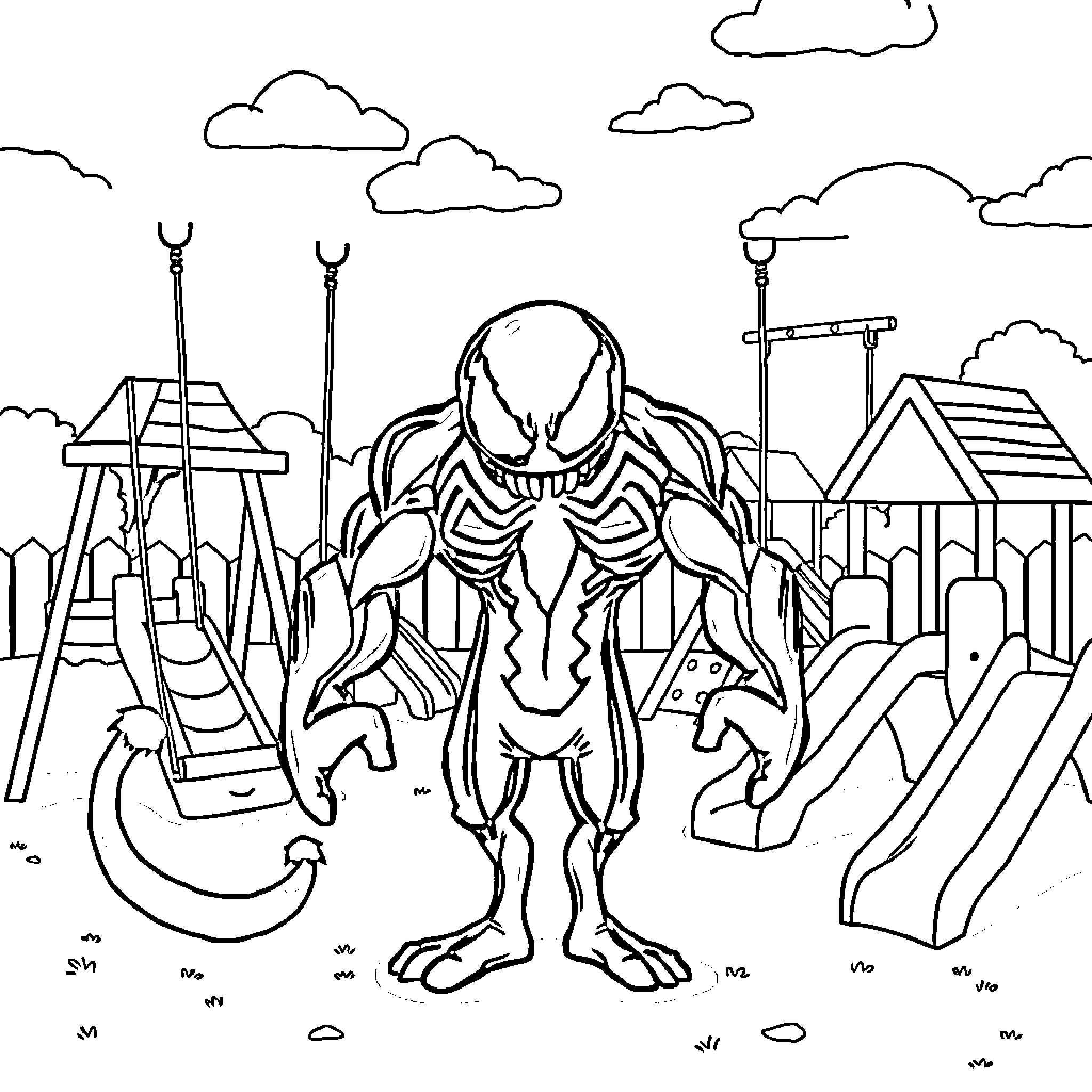 Venom Unleashed in a Surreal Cityscape Coloring Page (free black-and-white line drawing printable PDF for all, from beginners to advanced learners, including children, teens, adults, and seniors)
