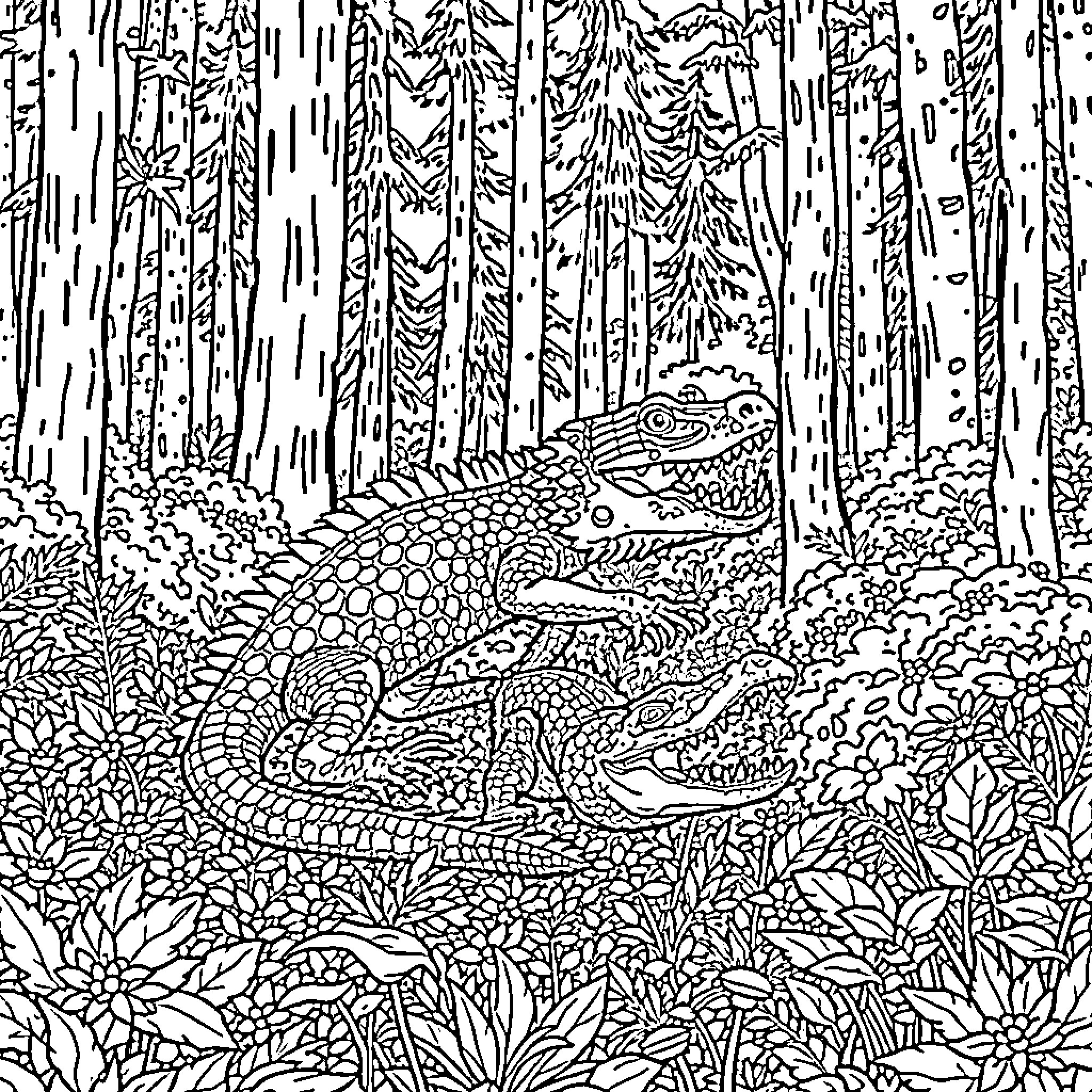 Komodo Dragon exploring the dense forest Coloring Page (free black-and-white line drawing printable PDF for all, from beginners to advanced learners, including children, teens, adults, and seniors)