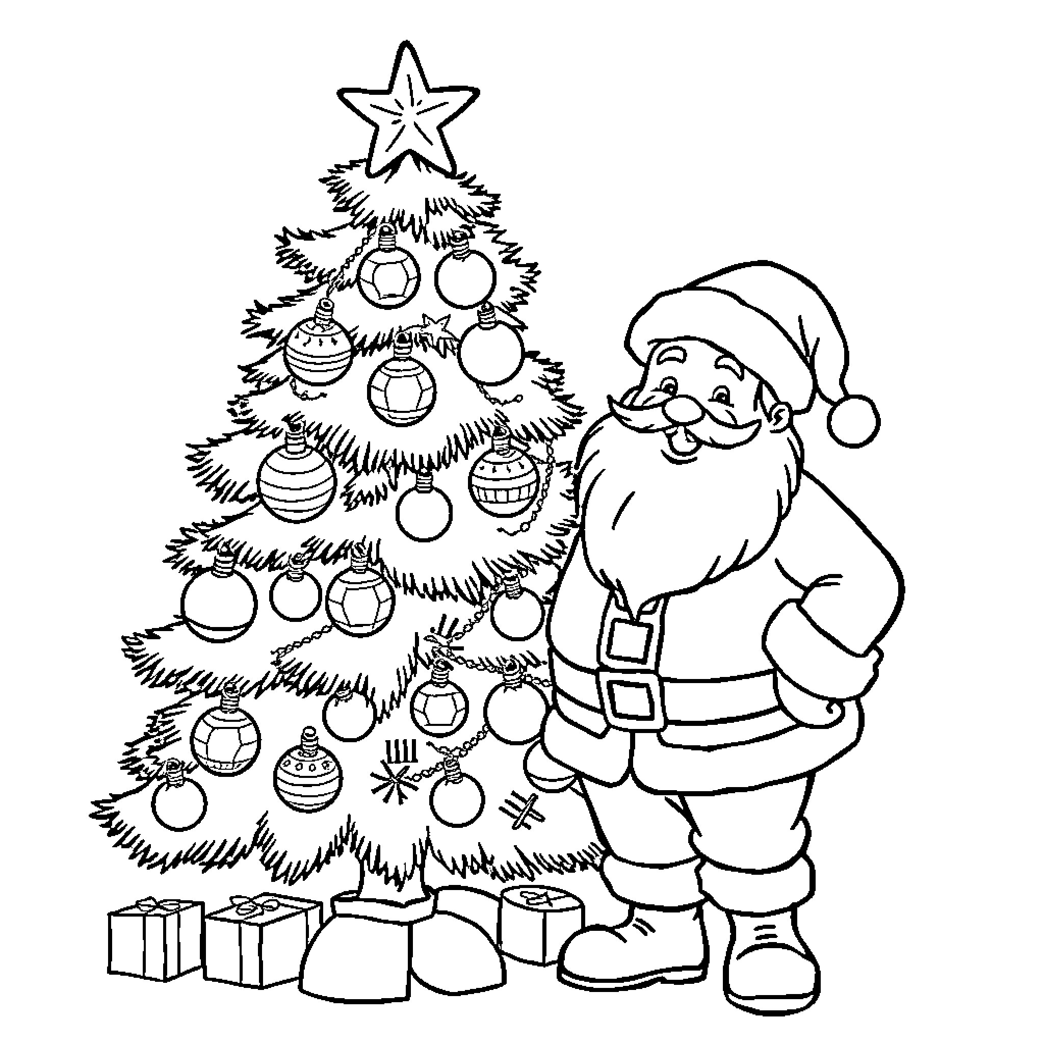 Christmas Tree with Jolly Santa Claus Coloring Page (free black-and-white line drawing printable PDF for all, from beginners to advanced learners, including children, teens, adults, and seniors)