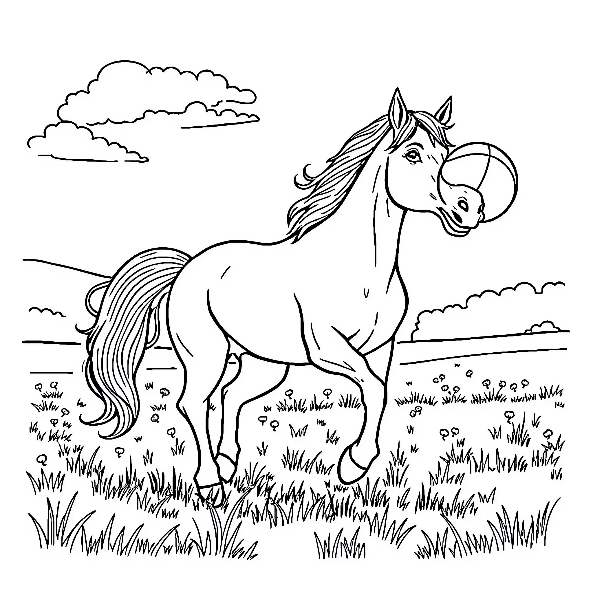 Horse galloping through the meadow Coloring Page (free black-and-white line drawing printable PDF for all, from beginners to advanced learners, including children, teens, adults, and seniors)