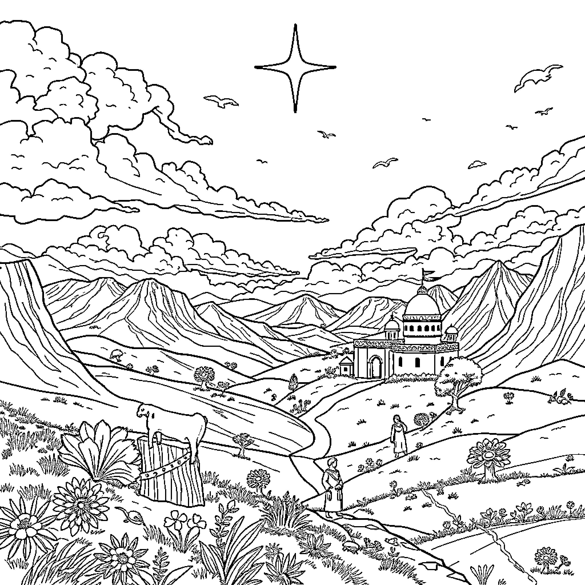 Promise Land of Enchanting Landscapes and Architectural Wonder Coloring Page (free black-and-white line drawing printable PDF for all, from beginners to advanced learners, including children, teens, adults, and seniors)